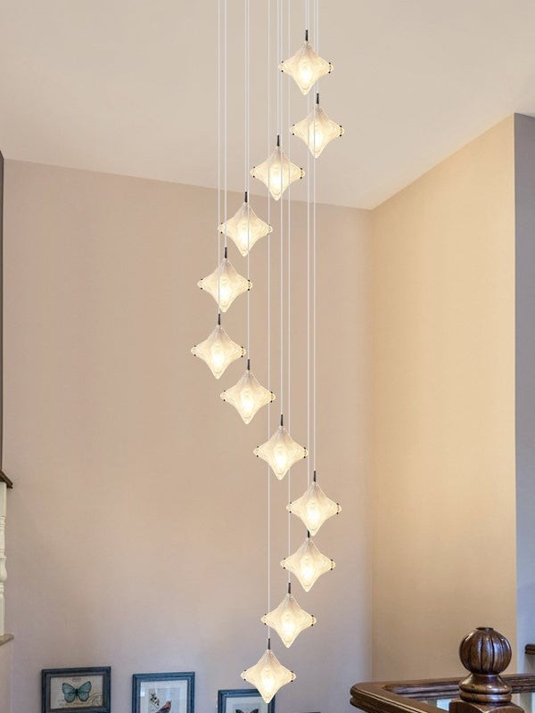 Art Deco Star Staircase Pendant Light - Frosted Glass Hanging Fixture - Astris Altair T437