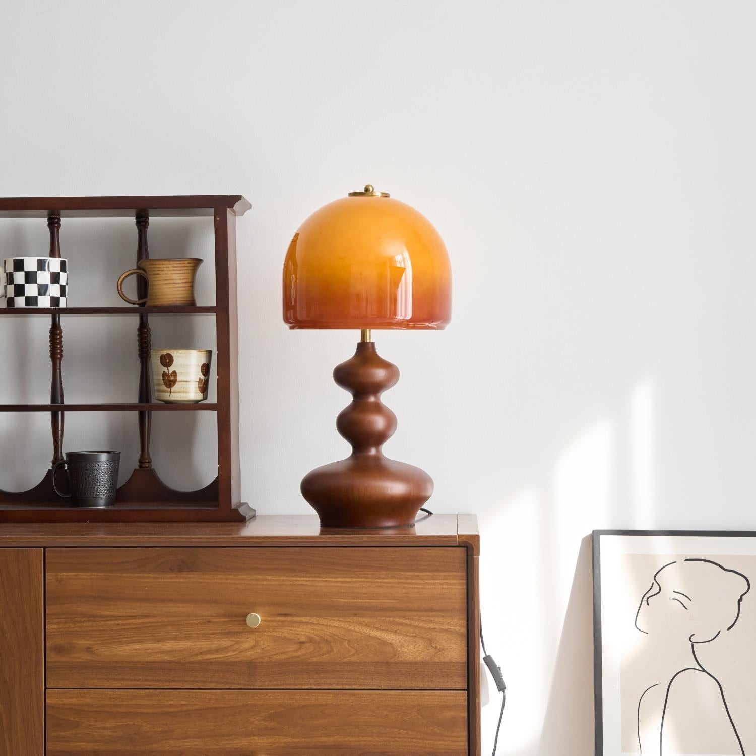Vintage Amber Glass Lampshade Wooden Base Table Lamp P077