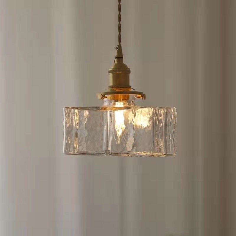 Traditional Vintage Square Rectangle Ripple Glass Iron 1-Light Pendant Light For Living Room T262