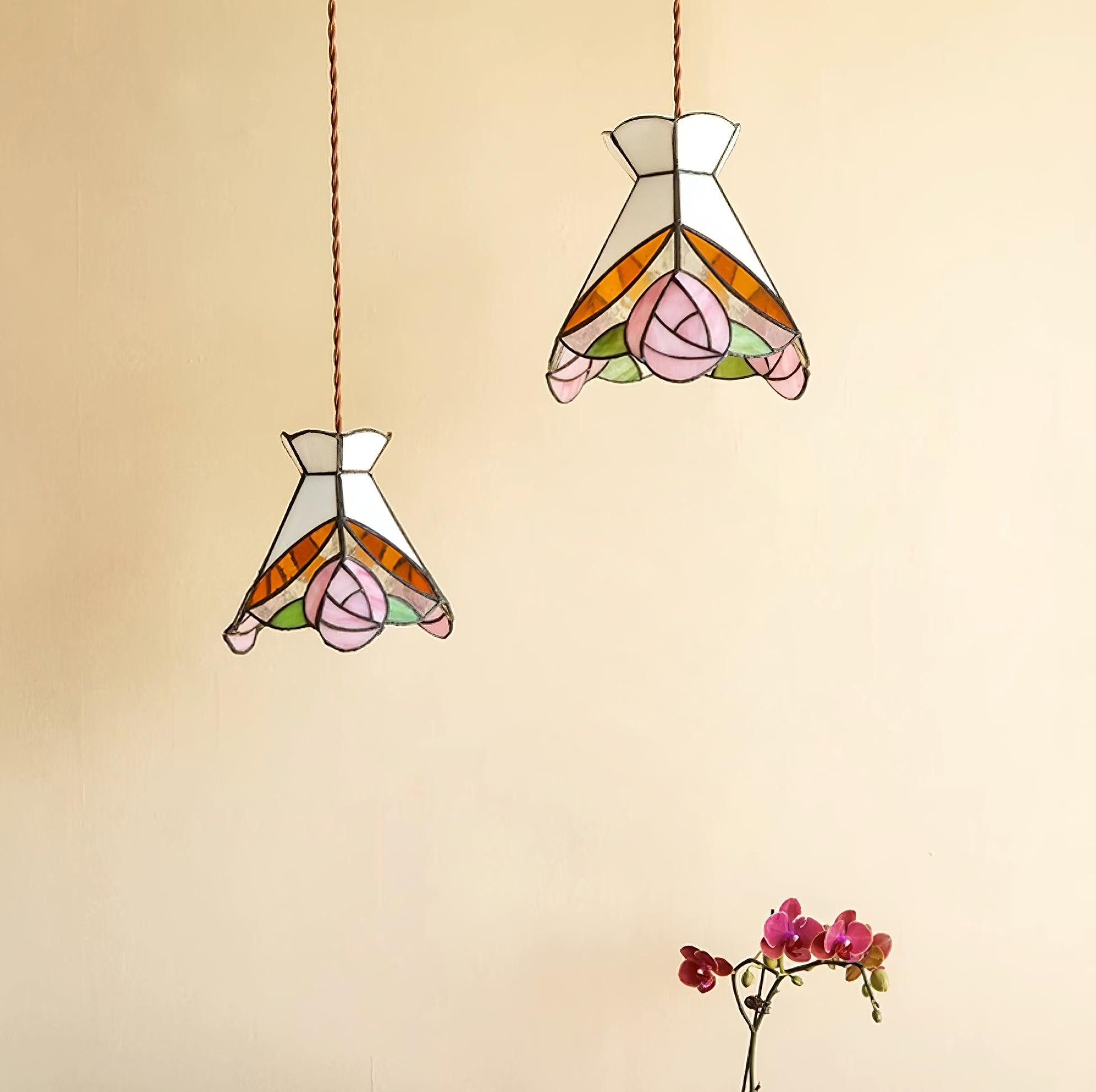 French Retro Rose Stained Glass Pendant Lamp M89