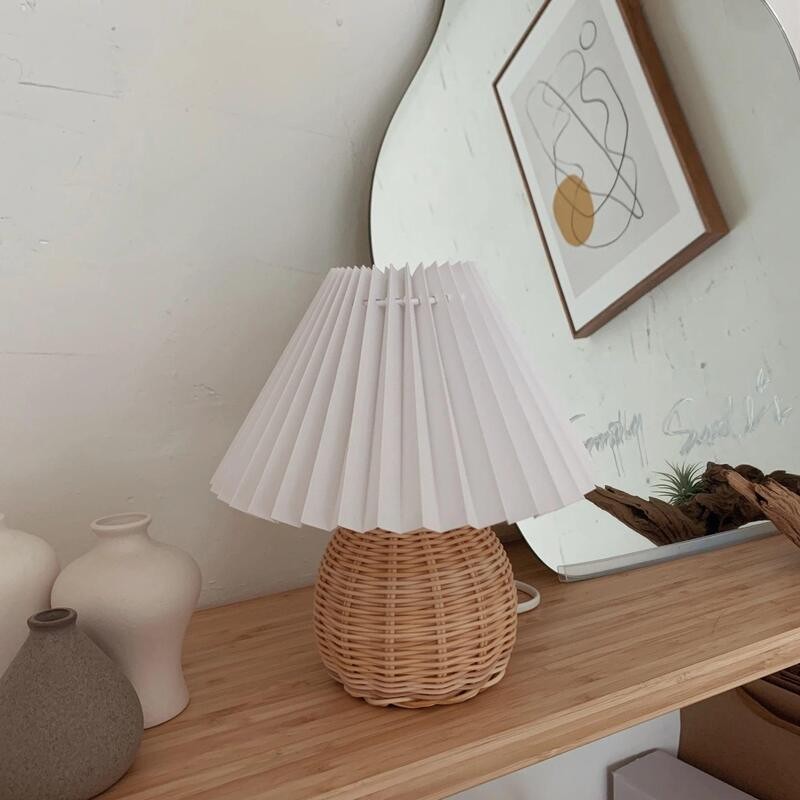 Rattan Pleated Table Lamp Cordless Bedside Lamp