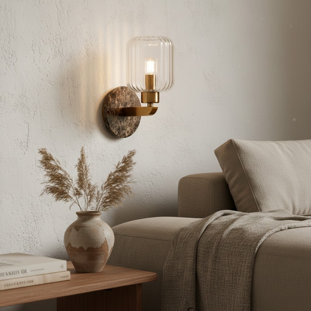 Korlisse Modern Marble Wall Light - Vintage Brass & Clear Glass Accent for Living Room and Hallway T950