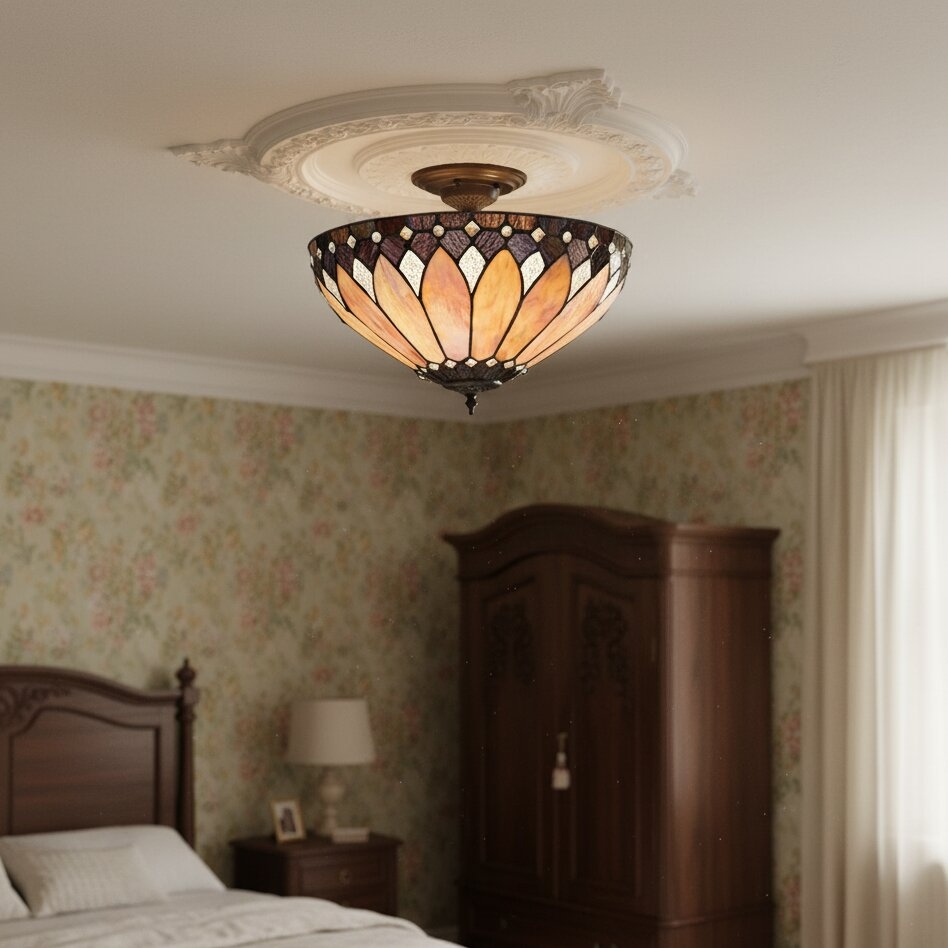 TF Brooklyn Tiffany Semi-flush Ceiling Light - Geometric Glass Shade for Hallways or Living Rooms T1042