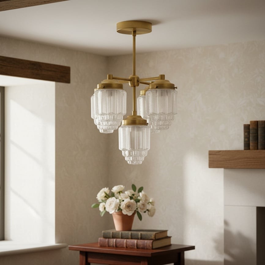 Tierlux Glass Chandelier – Vintage Brass Globe Lighting Fixture T357
