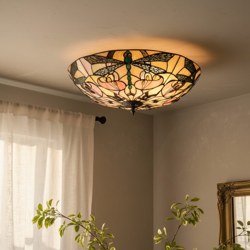 TF Ashton Tiffany Dragonfly Motif Tiffany Glass Flush Surface Mount - Transitional Style for Bedrooms and Lounge Spaces T1055