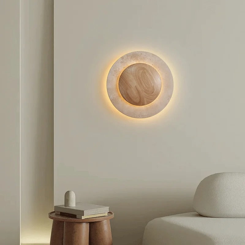 Round Travertine Wood Wall Light T2104