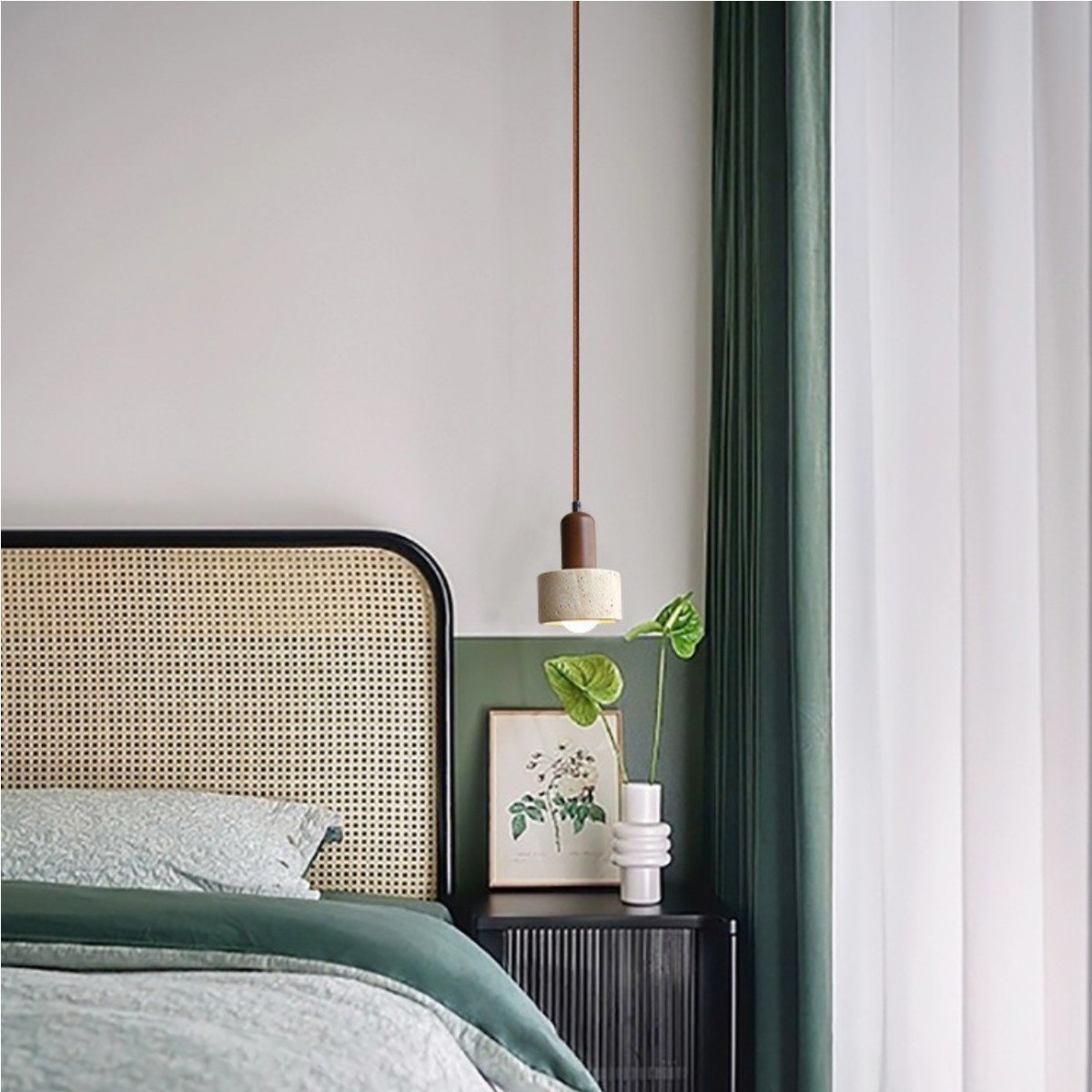 Minimalist Travertine Pendant Light With Wooden Top S264