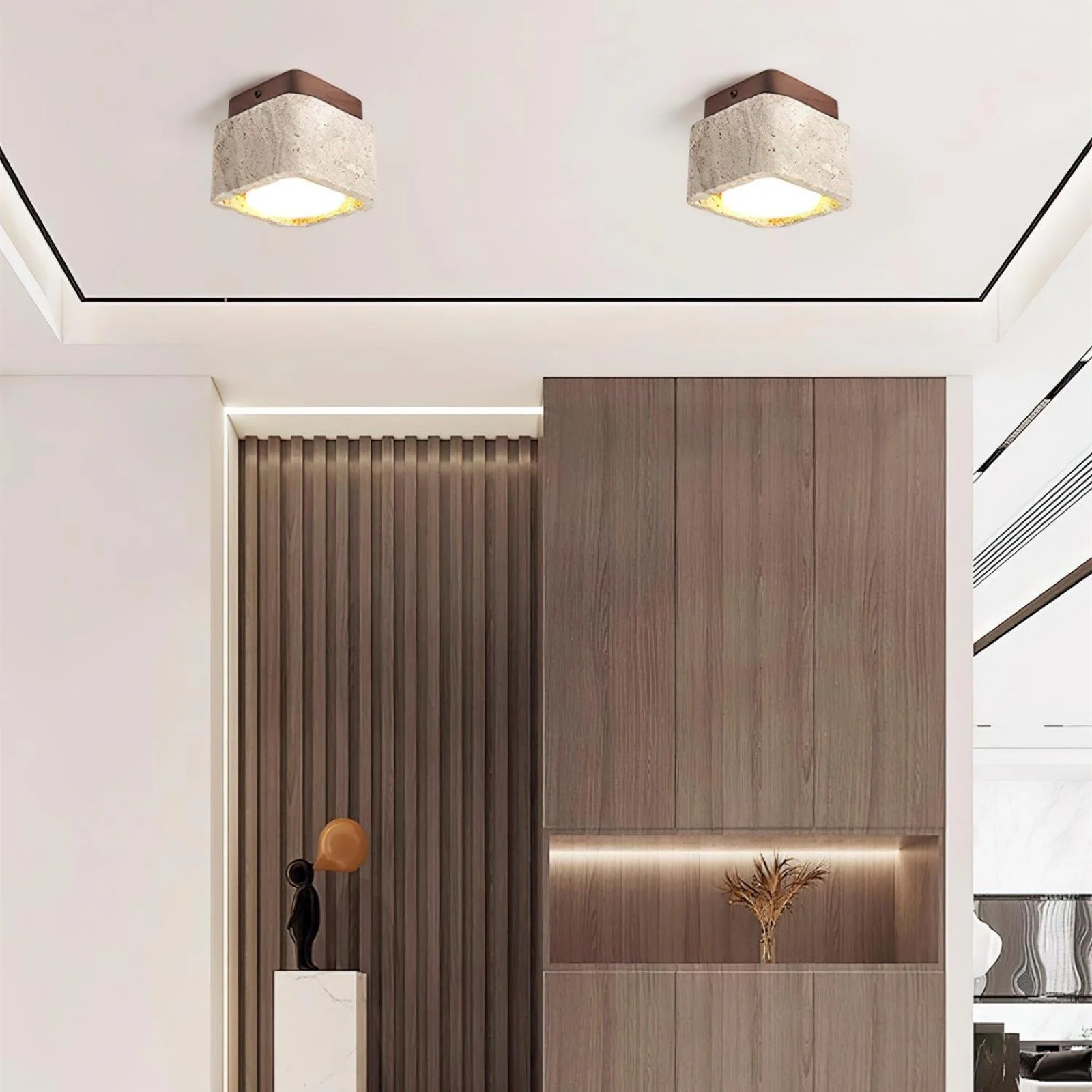 Natural Cube Design Travertine Ceiling Light With Wood Base S297