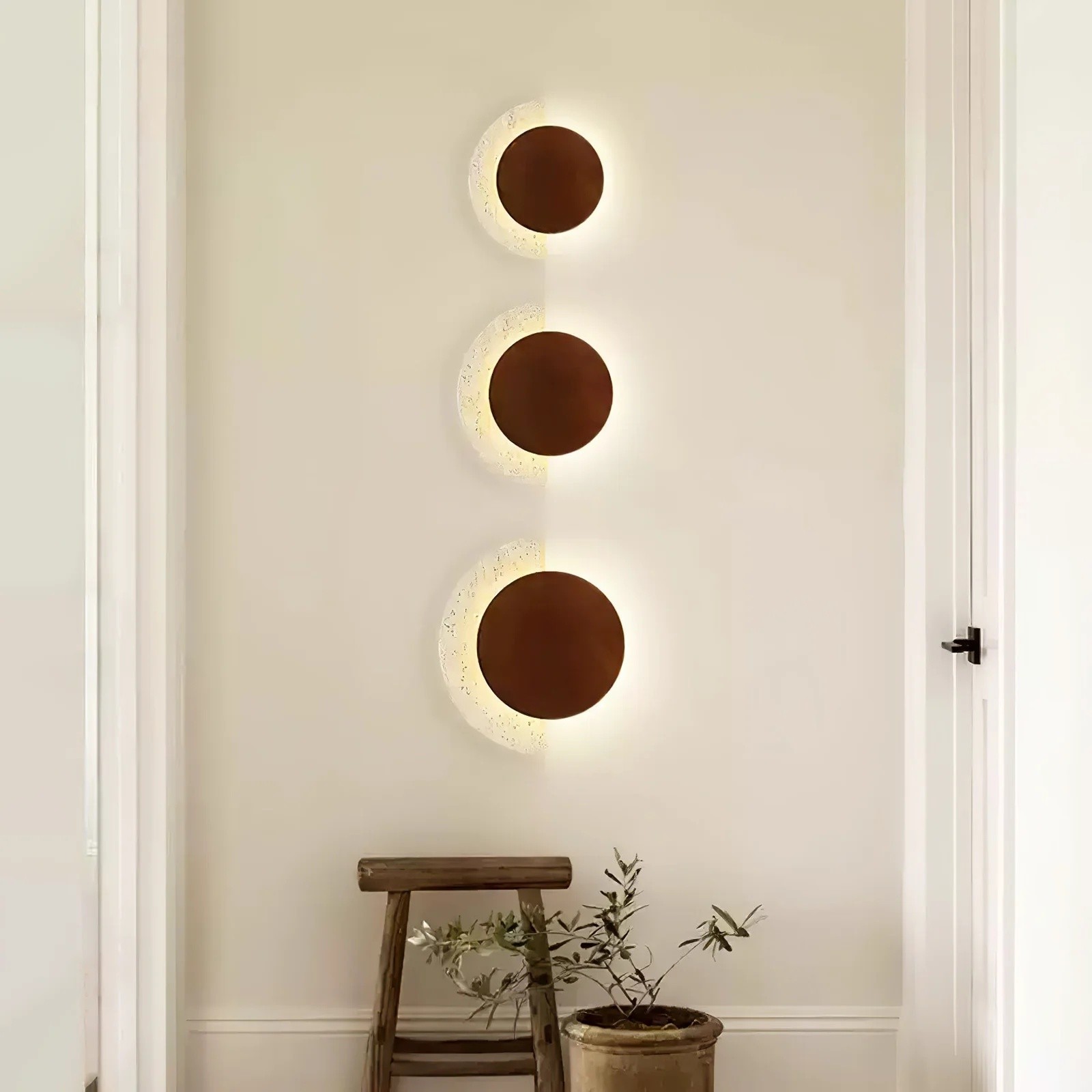 Modern Half Moon Travertine & Wood Ambient Wall Sconce S316