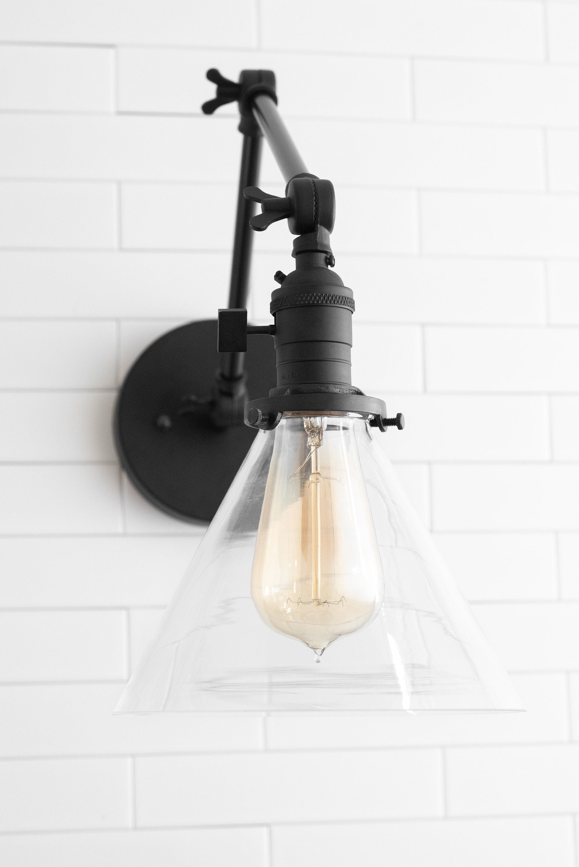 Conique Metal Industrial Wall Sconce with Adjustable Arm - Vintage Glass Cone Shade T311