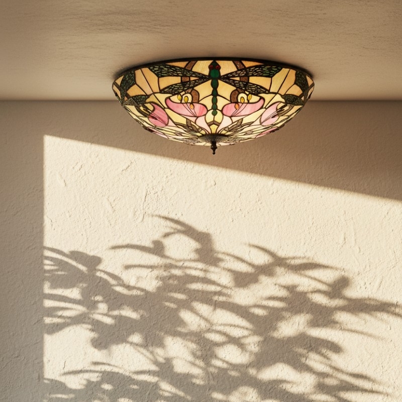 TF Ashton Tiffany Dragonfly Motif Tiffany Glass Flush Surface Mount - Transitional Style for Bedrooms and Lounge Spaces T1055