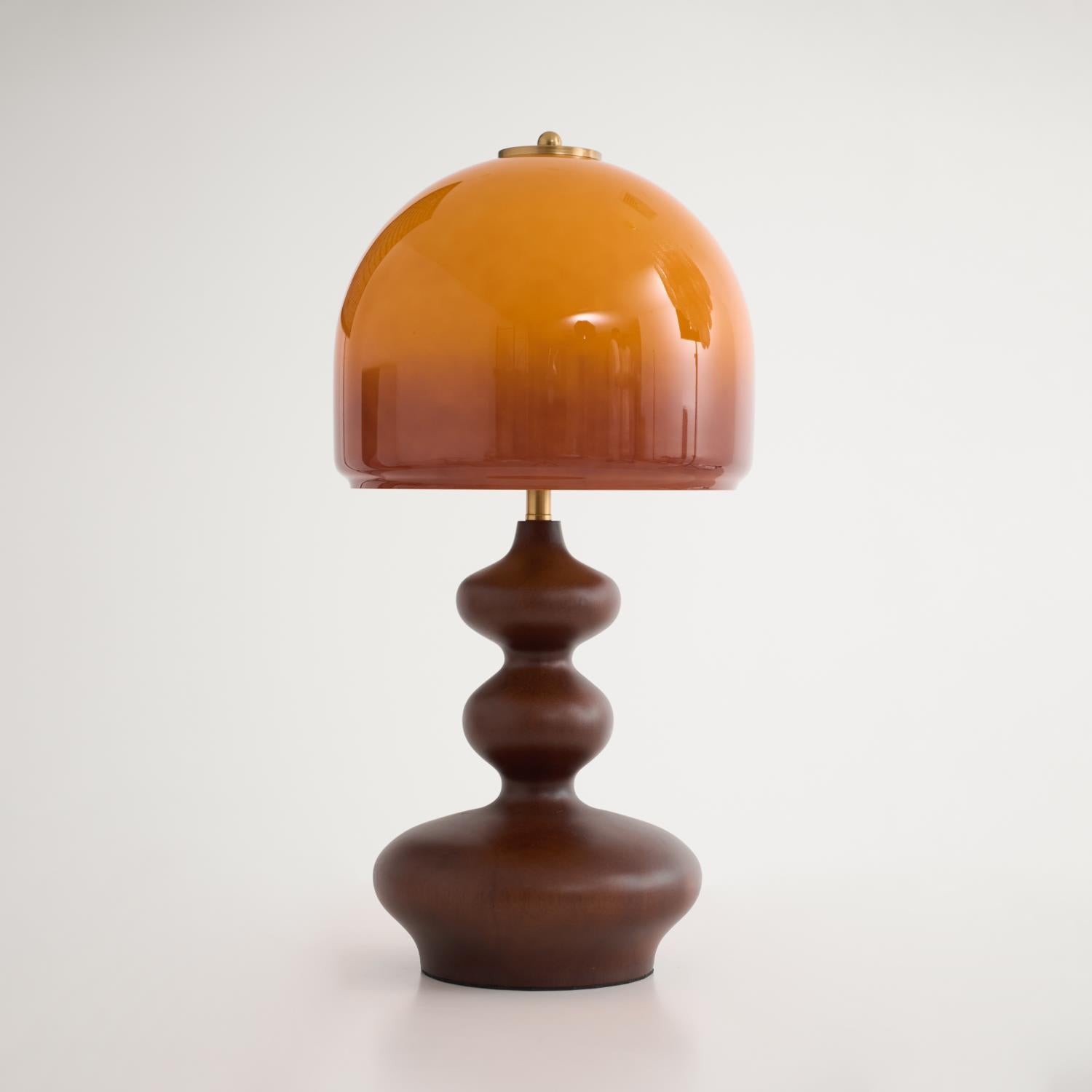 Vintage Amber Glass Lampshade Wooden Base Table Lamp P077