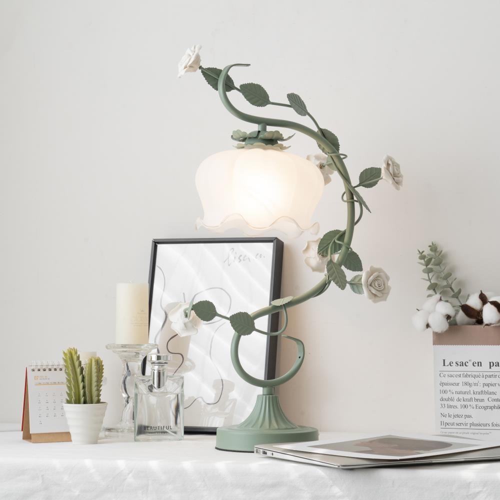 Green Pink White Rose Flower Table Lamp M107