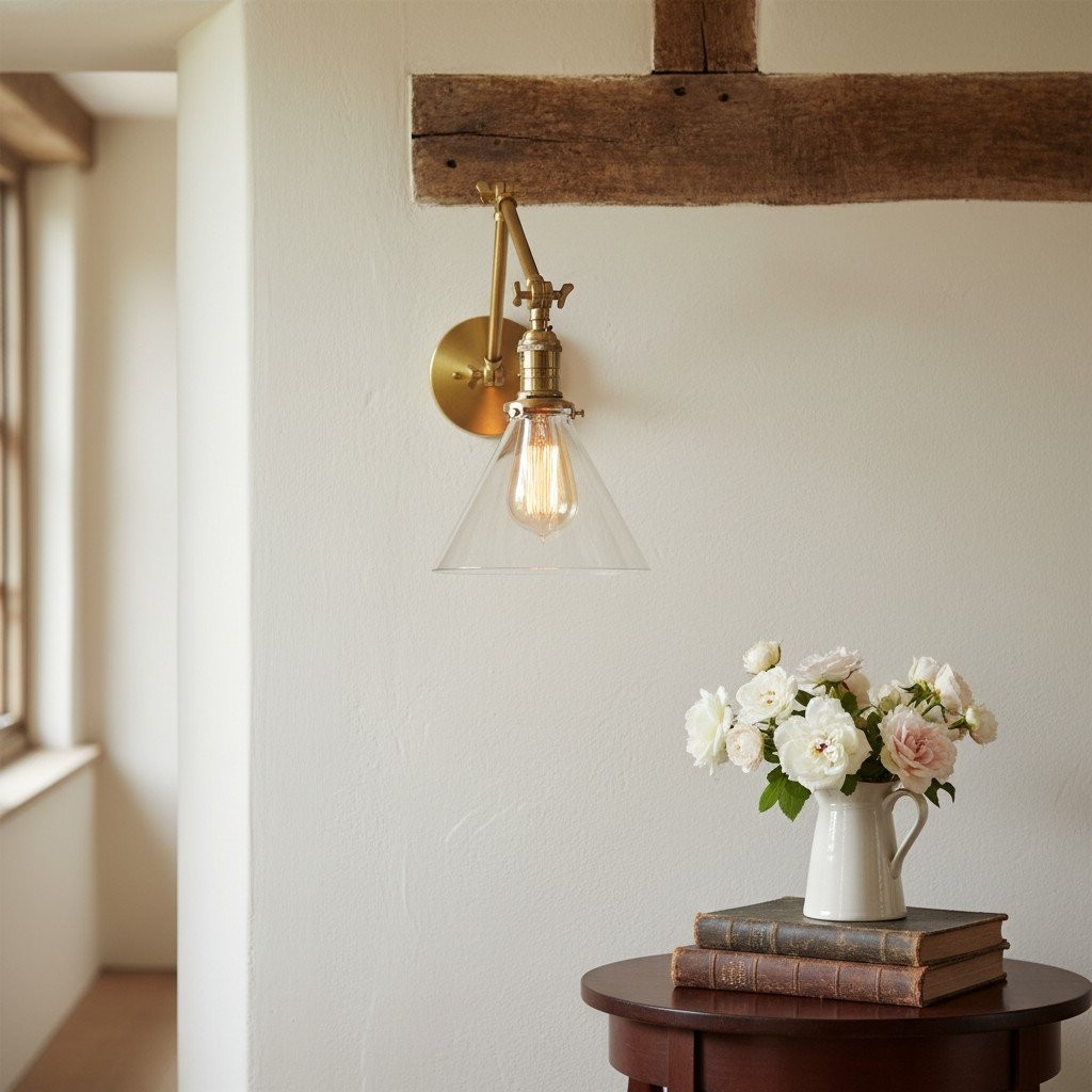 Conique Metal Industrial Wall Sconce with Adjustable Arm - Vintage Glass Cone Shade T311