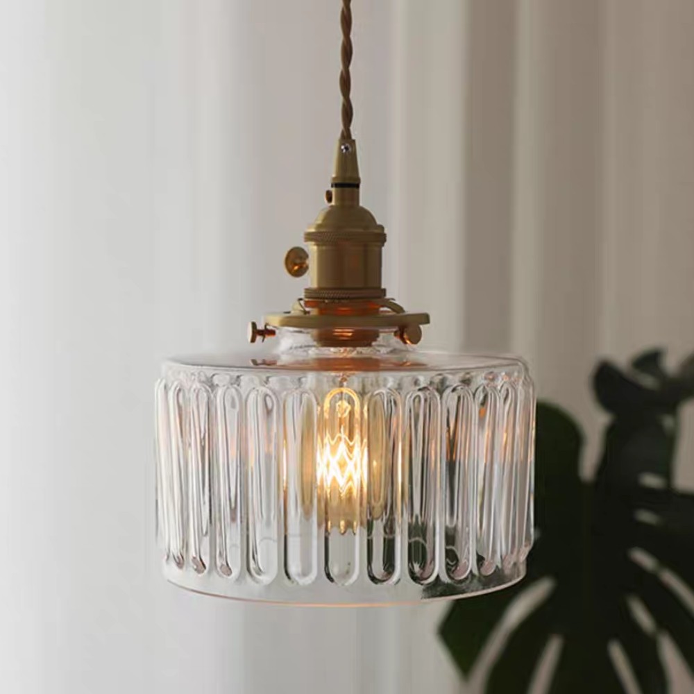 Vintage Cylinder Ribbed Glass Pendant Light S136