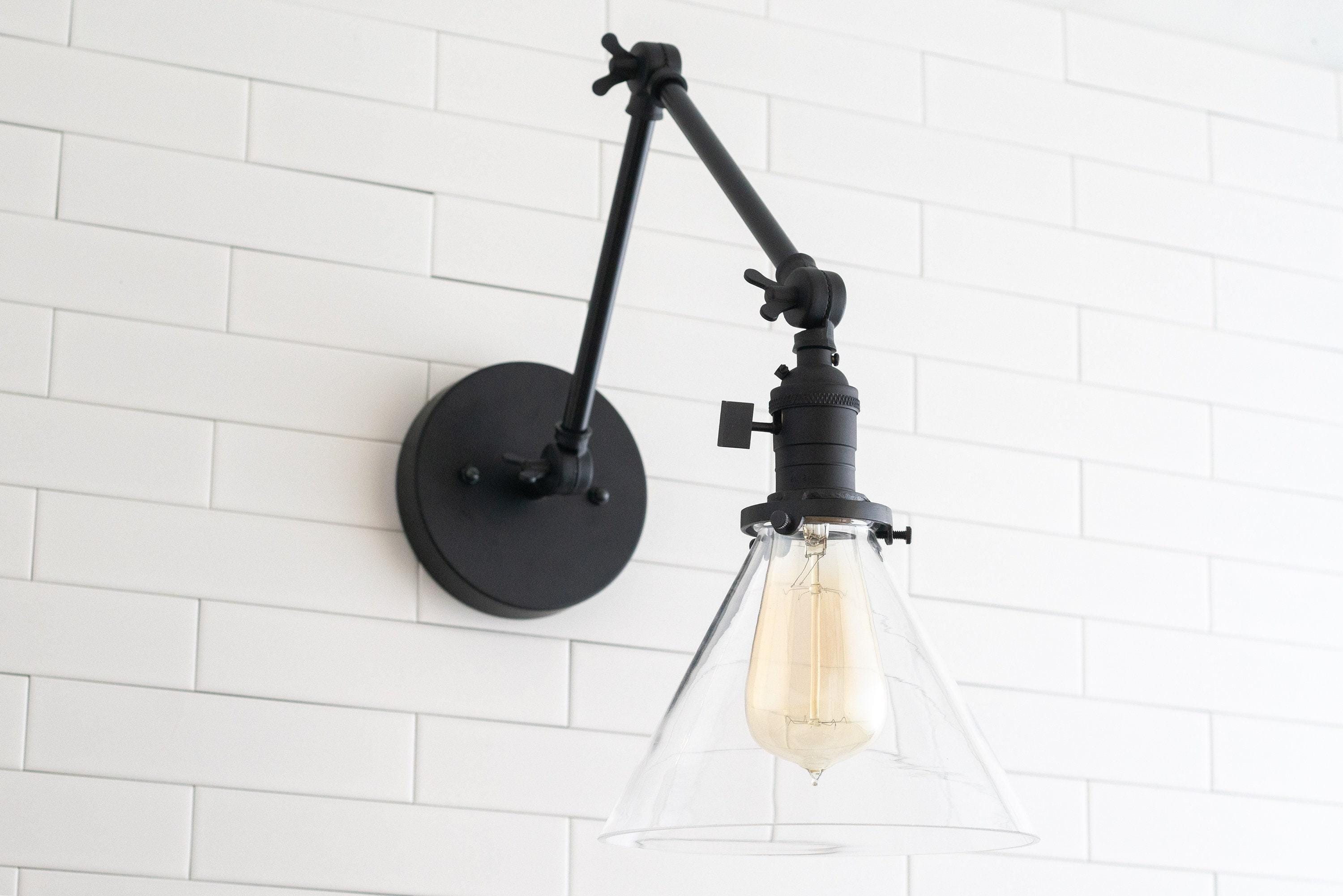 Conique Metal Industrial Wall Sconce with Adjustable Arm - Vintage Glass Cone Shade T311