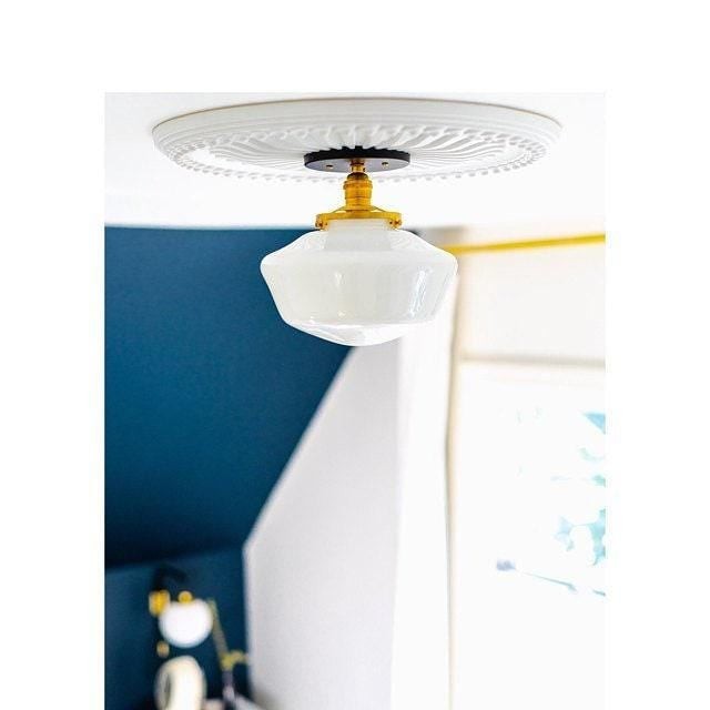 Geotower Glass Brass Ceiling Light - Opal Glass Schoolhouse Shade - Modern Elegance T370