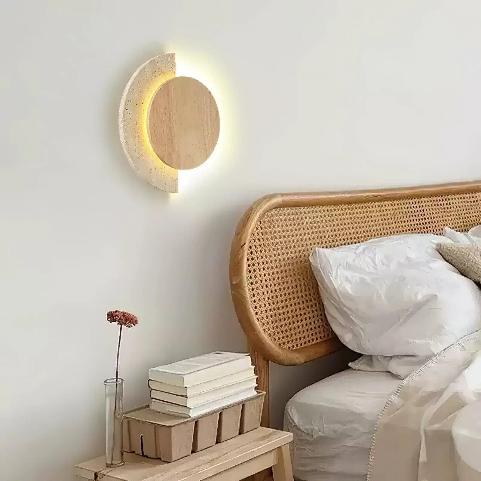 Modern Half Moon Travertine & Wood Ambient Wall Sconce S316