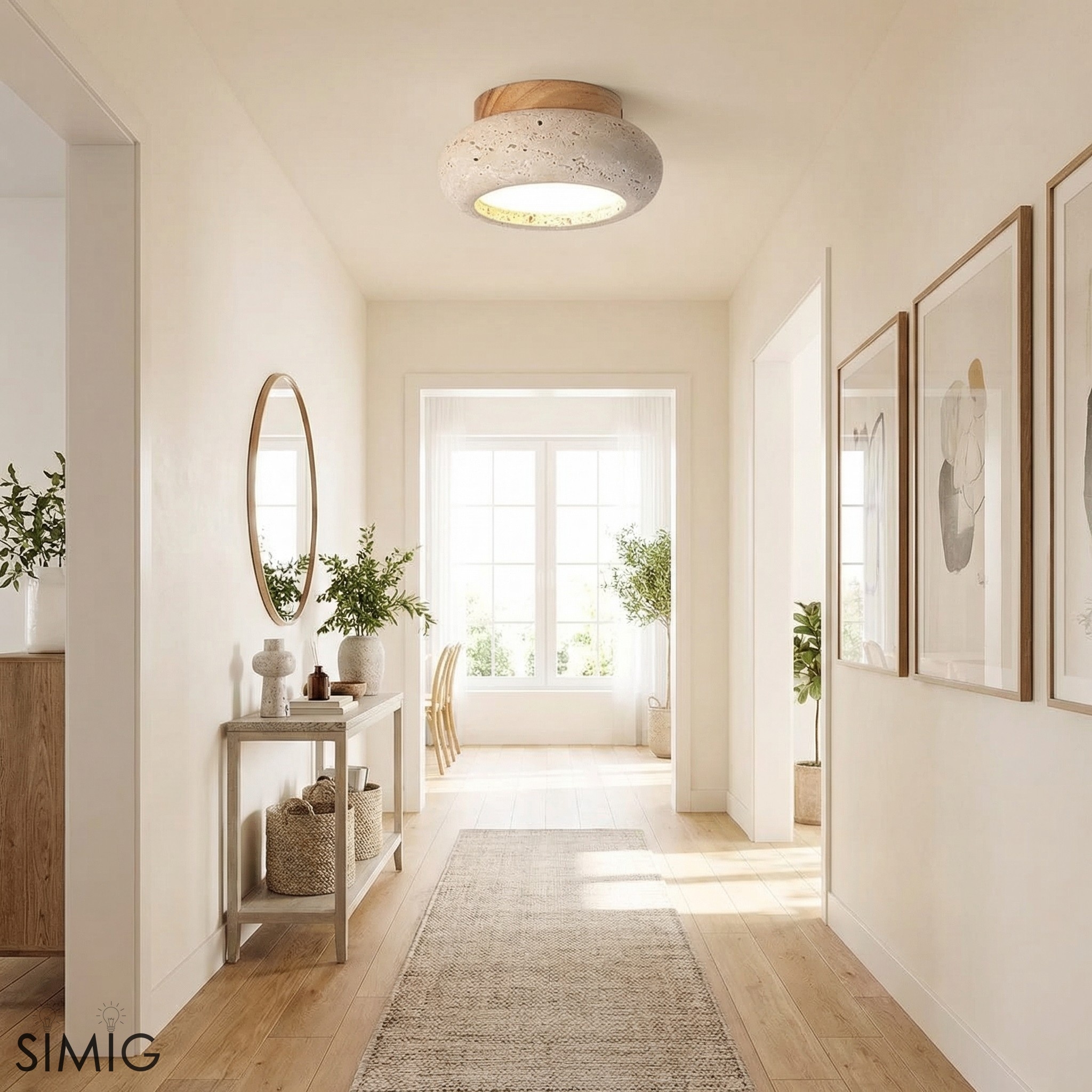 Minimal Bowl Ceiling Fixture in Stone Look - Wood Tone Base Light S299