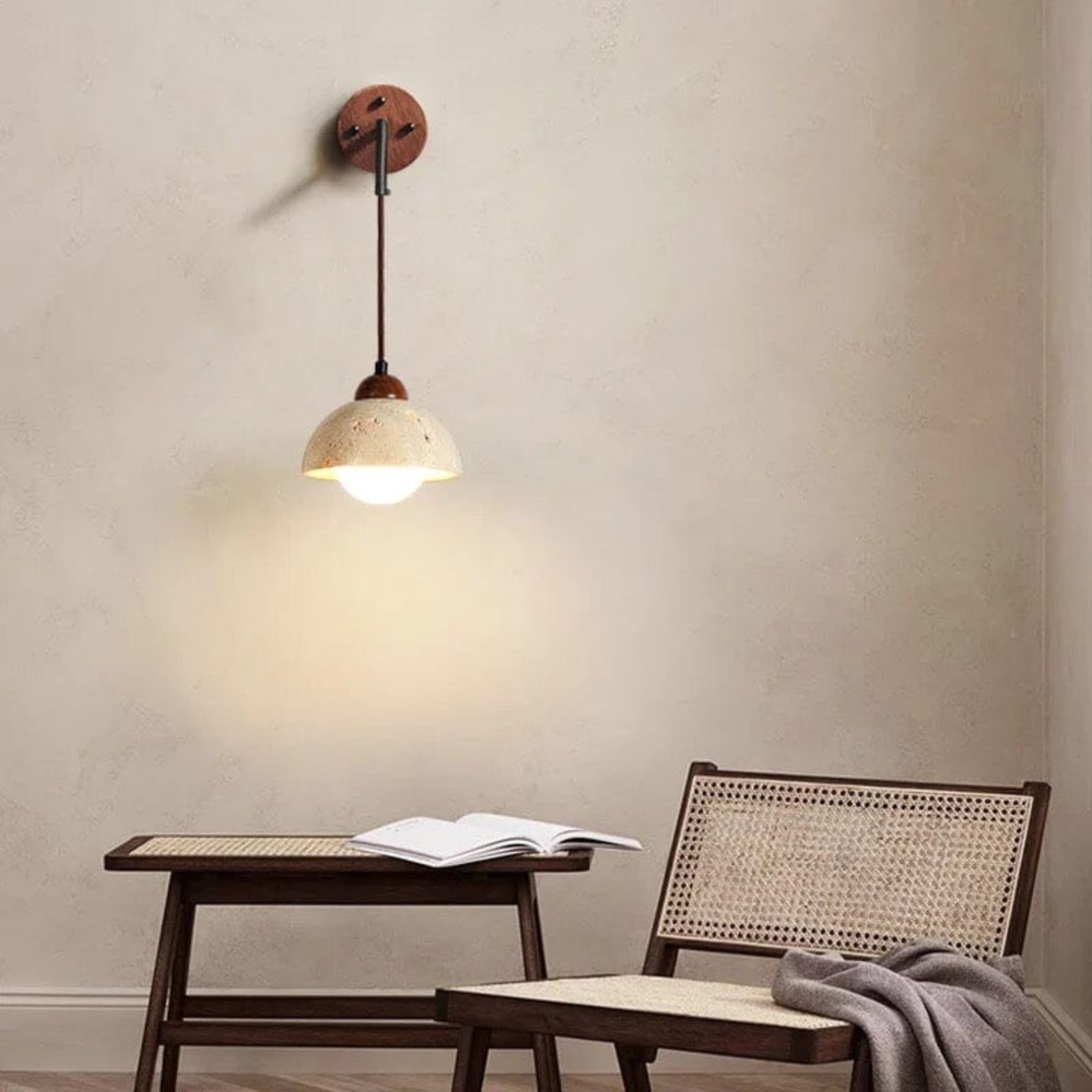 Natural Half Sphere Travertine Pendant Light With Wooden Details S309