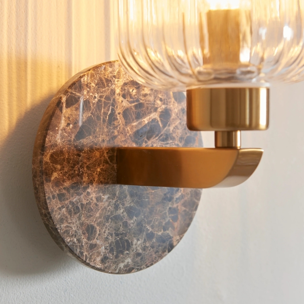 Korlisse Modern Marble Wall Light - Vintage Brass & Clear Glass Accent for Living Room and Hallway T950