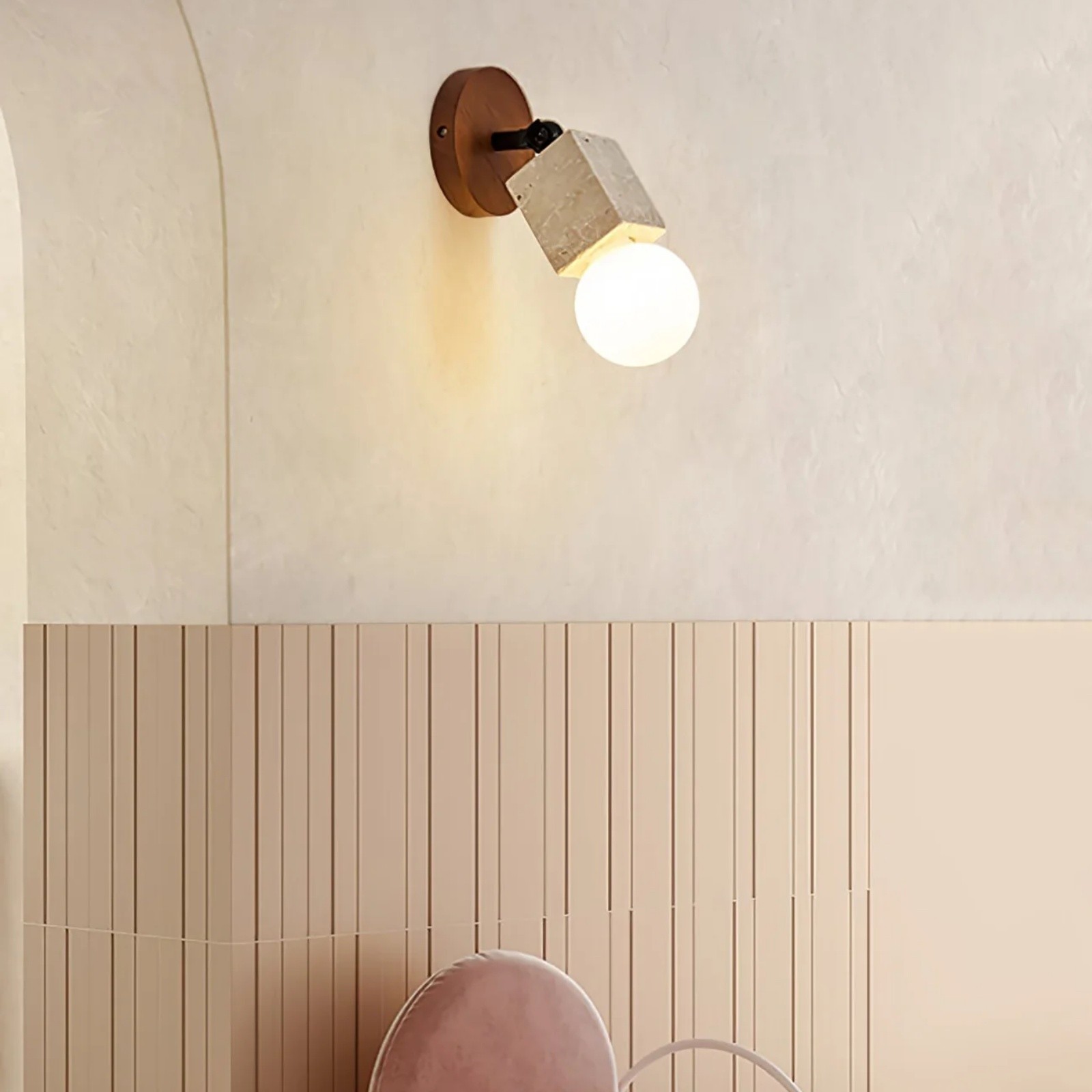 Geometric Travertine Cube With Glass Globe Wall Sconce S319