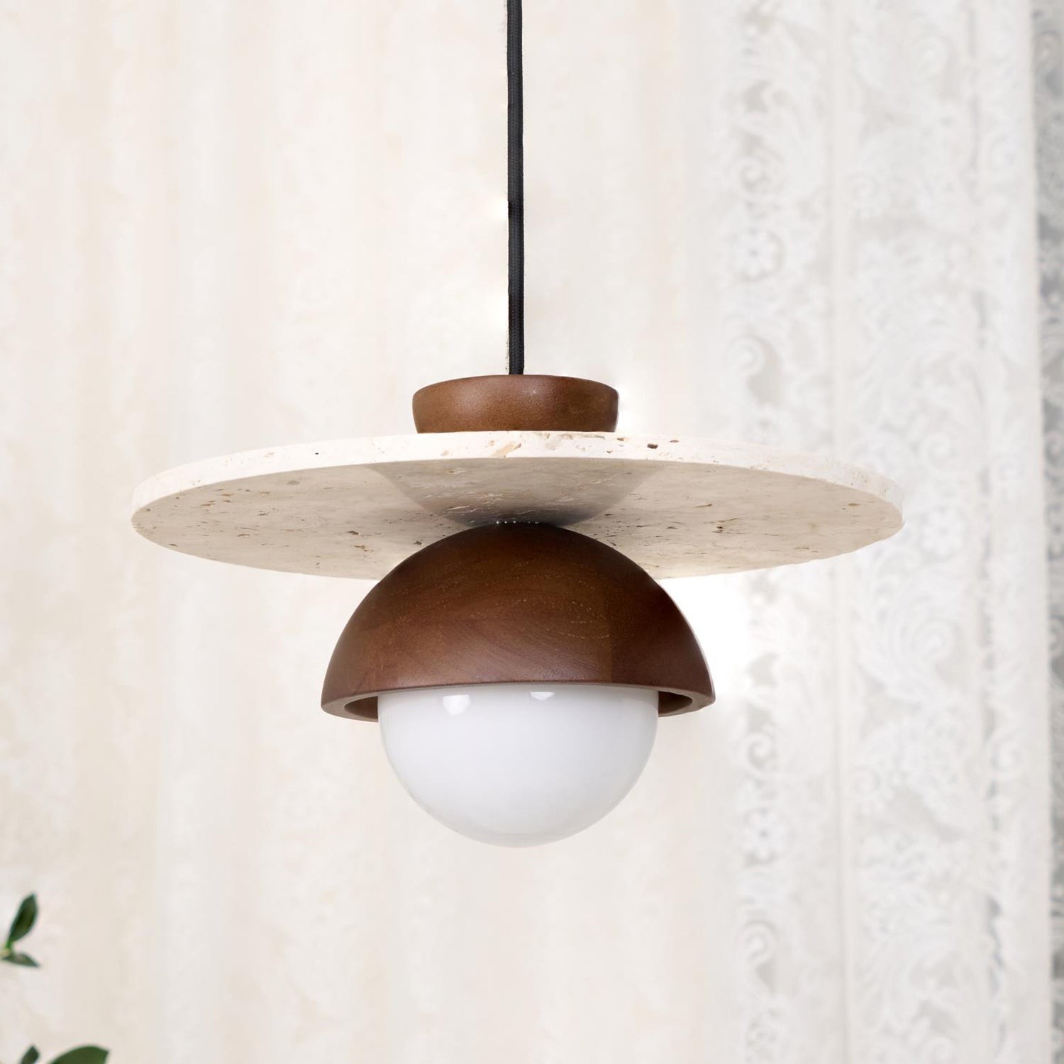 Travertine Disc Hemispherical Wooden Lampshade Chandelier P029