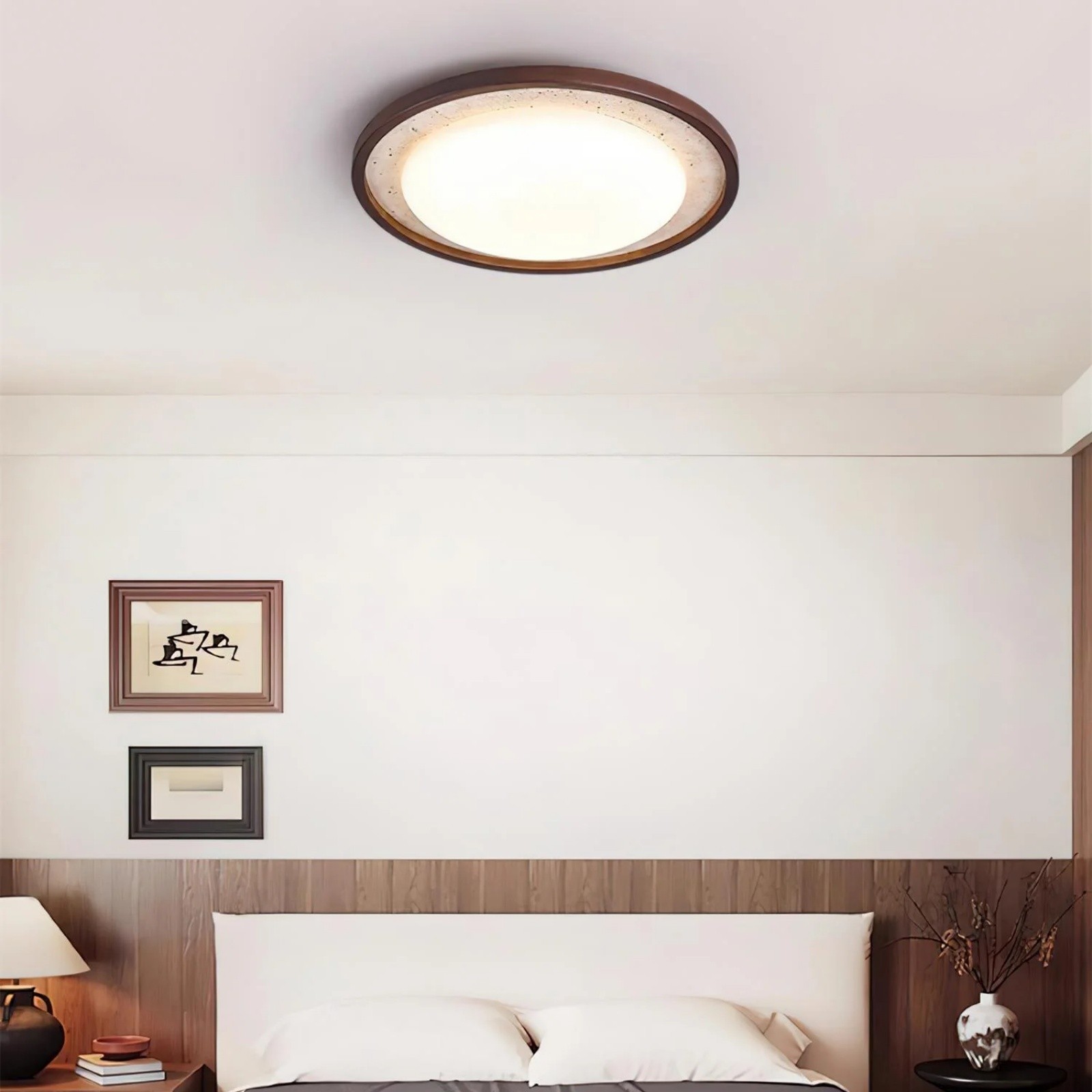 Modern Travertine Disk Flush Ceiling Light With Wood Trim S303