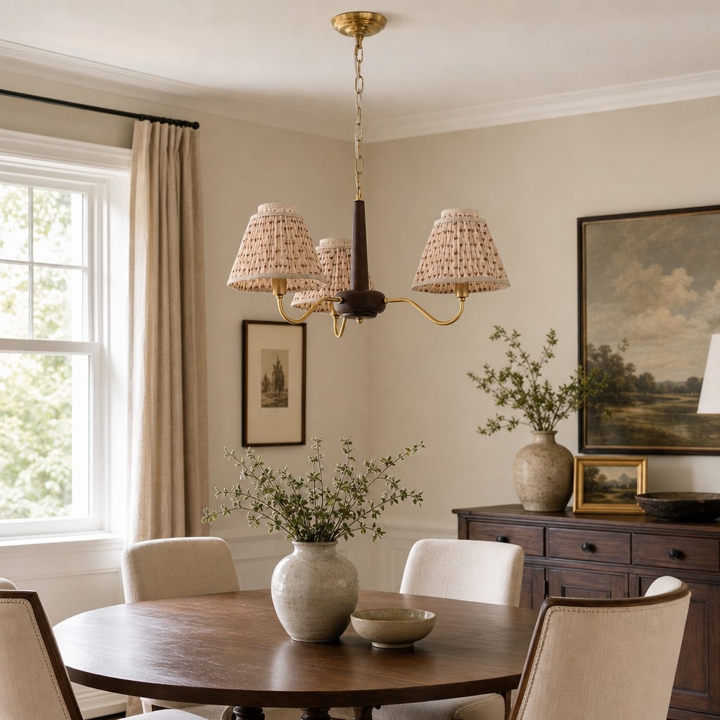 Solmire Rustic Chandelier - Wooden Mental Frame with Fabric Shades for Living Room T2208