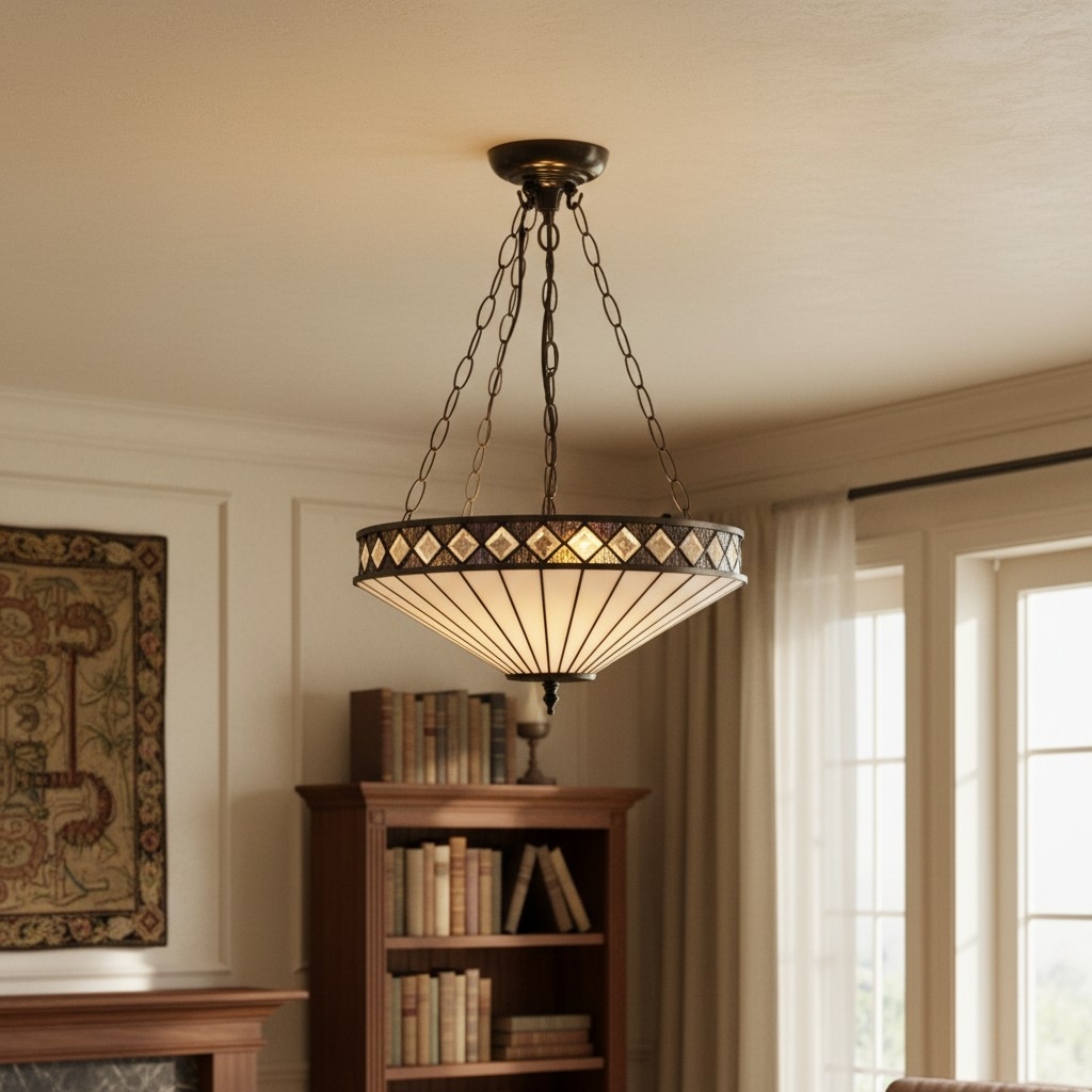 TF Fargo Adjustable Pendant with Stained Glass Inspired Inverted Shade for Island and Dining T981
