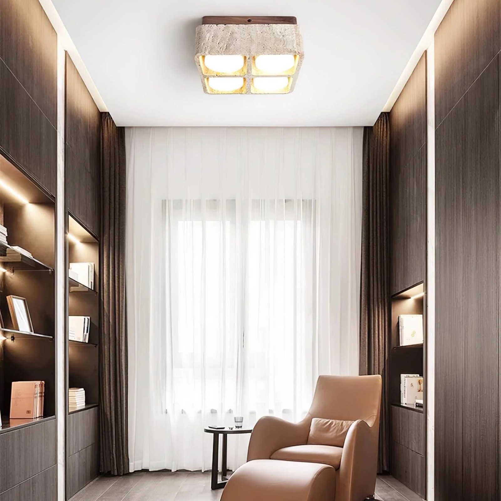Natural Cube Design Travertine Ceiling Light With Wood Base S297