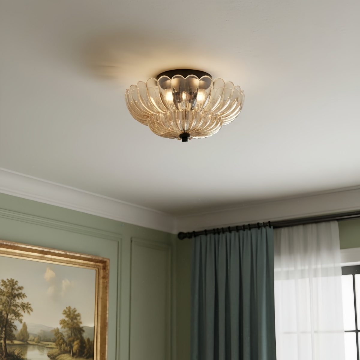 Orilanavo Vintage Inspired Umbrella Glass Semi Flush Light, Cozy Lounge Dining Area T1193