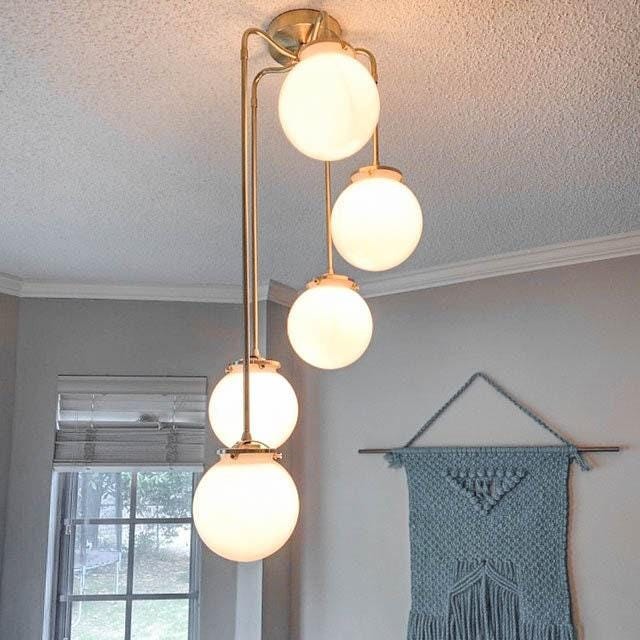 Glorica Glass 5 Globe Chandelier - Brass and Opal Glass Vintage Pendant Light T319