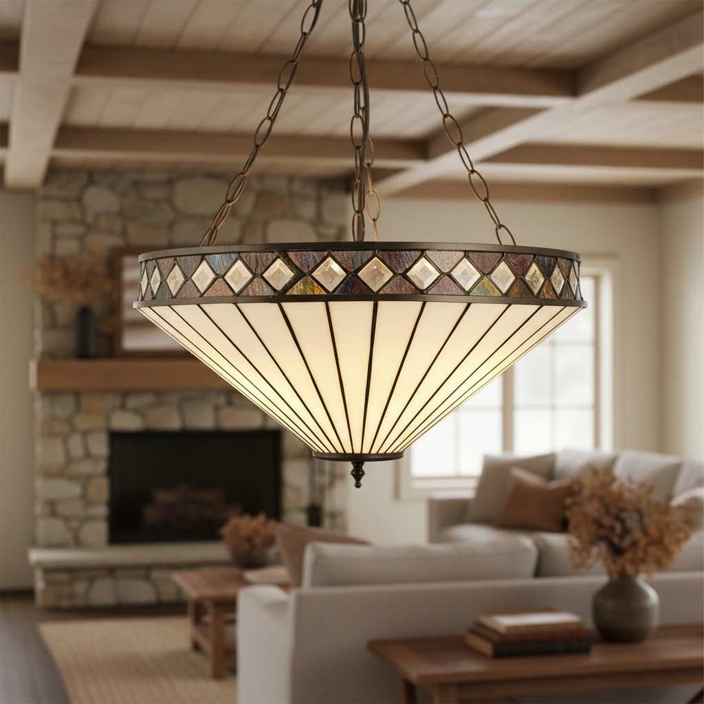 TF Fargo Adjustable Pendant with Stained Glass Inspired Inverted Shade for Island and Dining T981