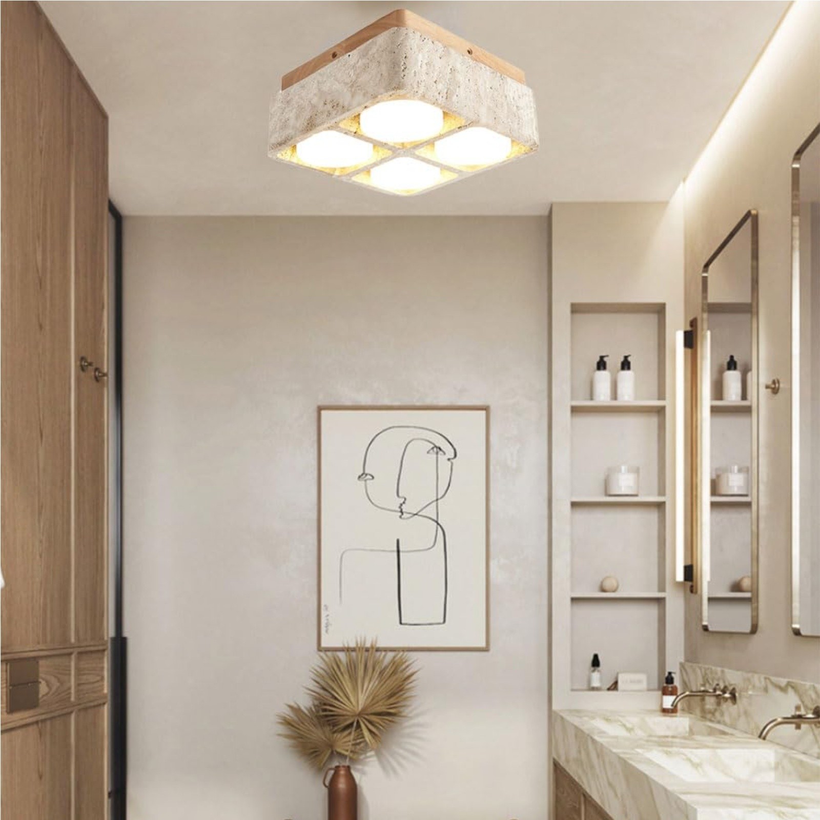 Natural Cube Design Travertine Ceiling Light With Wood Base S297