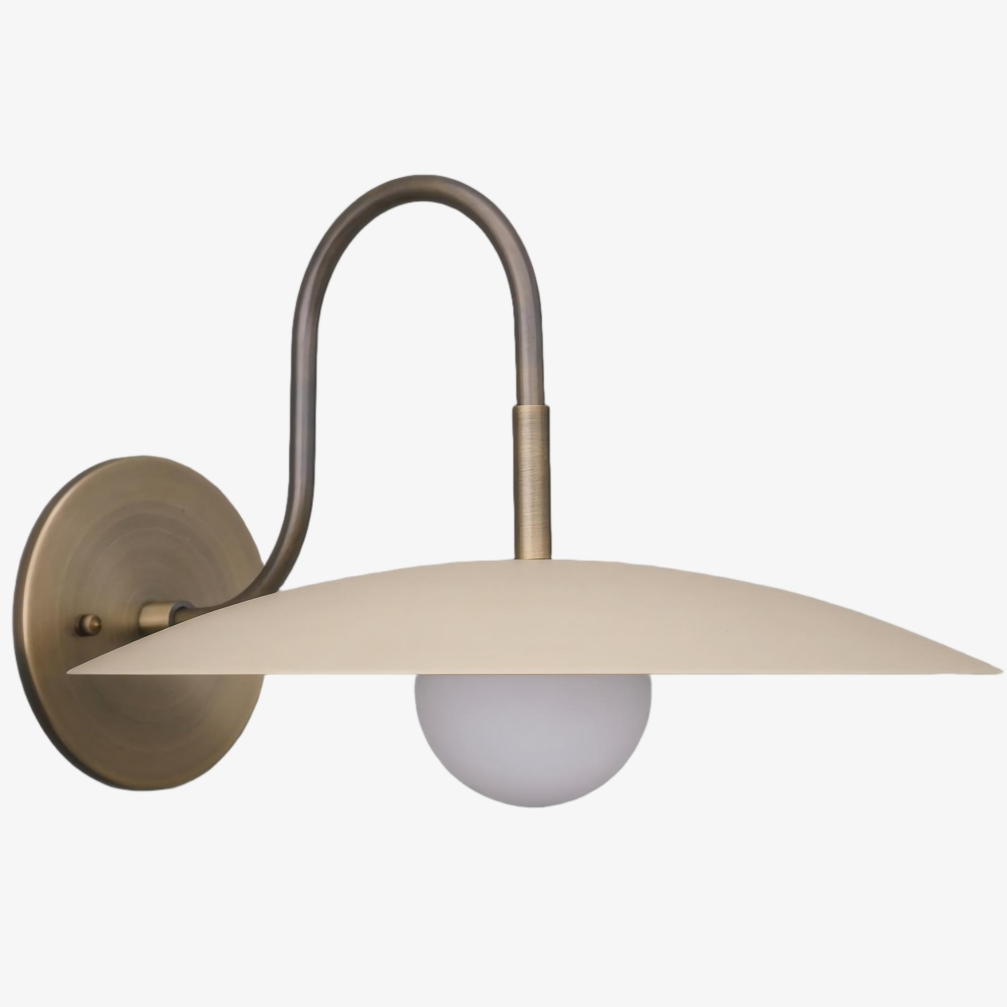 Curva Metal Modern Wall Sconce - Antique Brass Arm with Cream Disc Shade T409