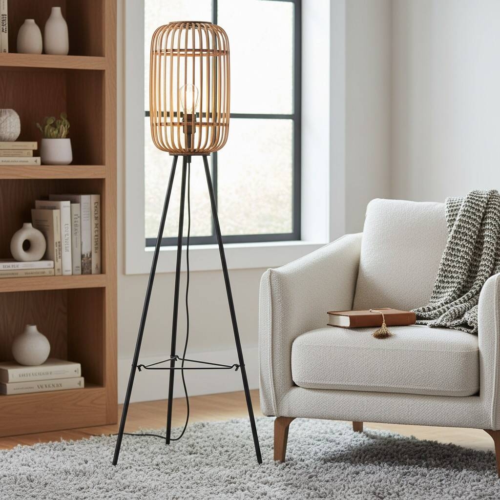 Yumeko Natural Woven Floor Lamp - Modern Scandi Bamboo Shade Standing Lamp for Bedrooms or Living Rooms T972