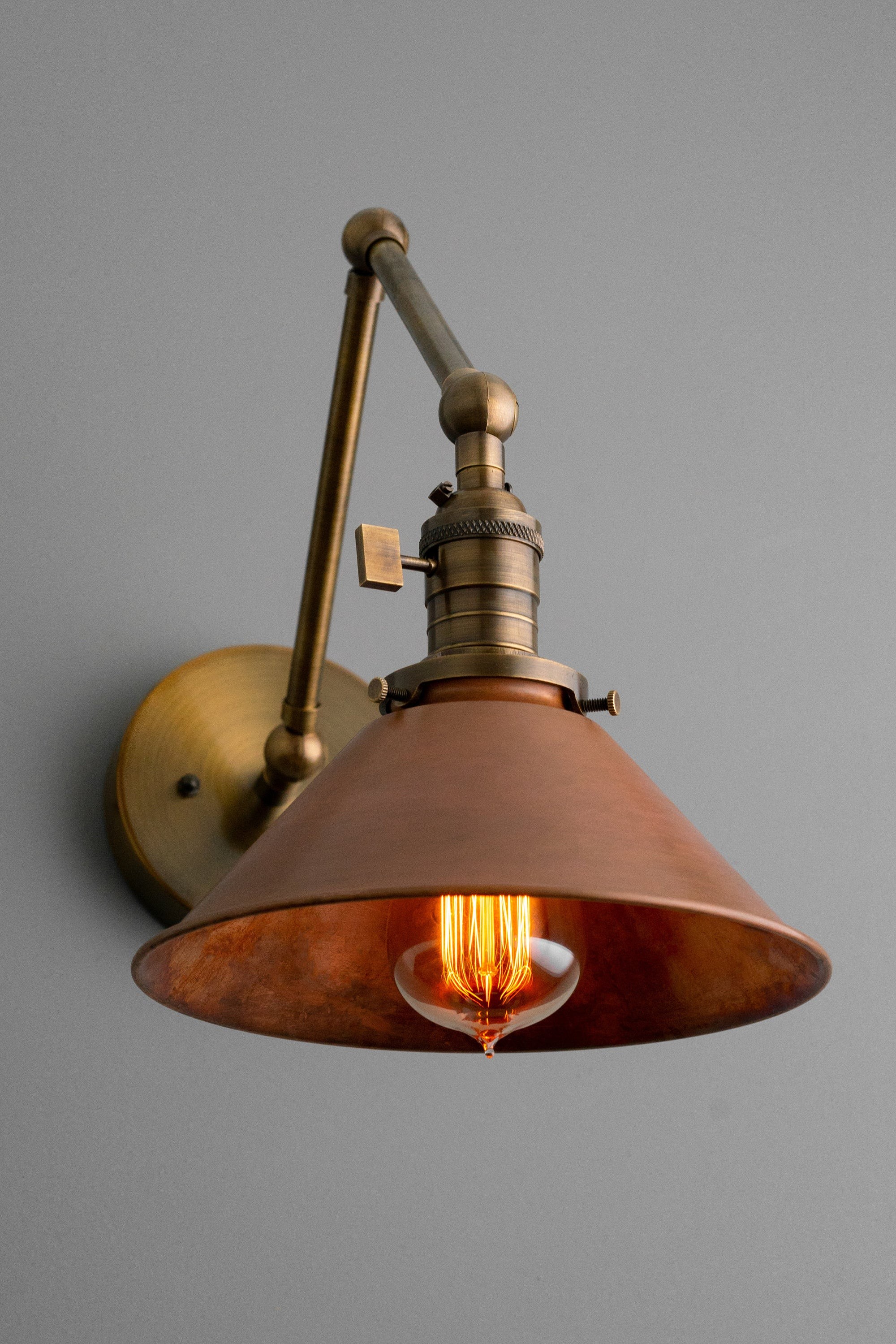Conique Metal Industrial Wall Sconce with Adjustable Arm - Vintage Copper Cone Shade for Task Lighting T390