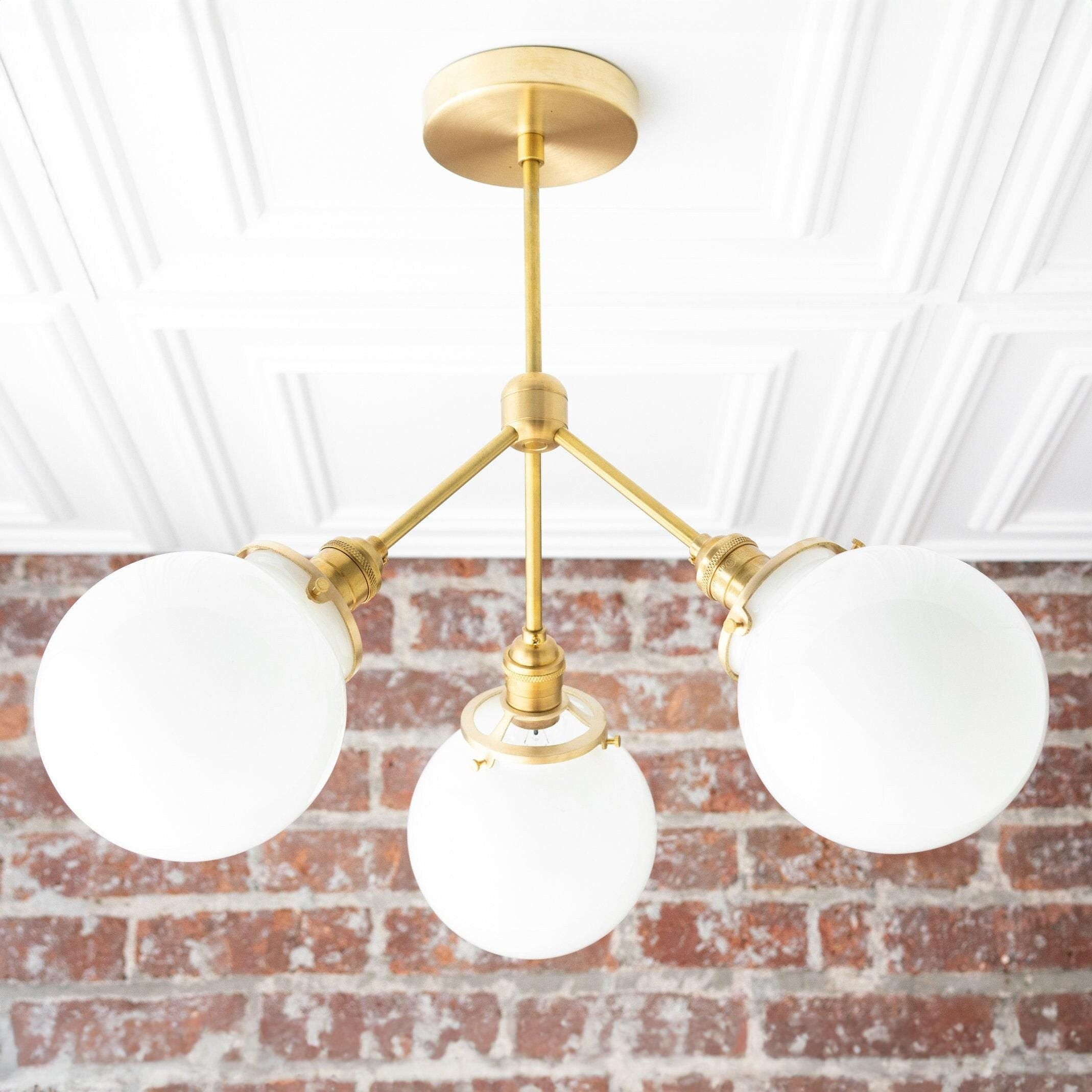 Glorica Glass Chandelier - Brass Globe Ceiling Light with Opal Shade T330