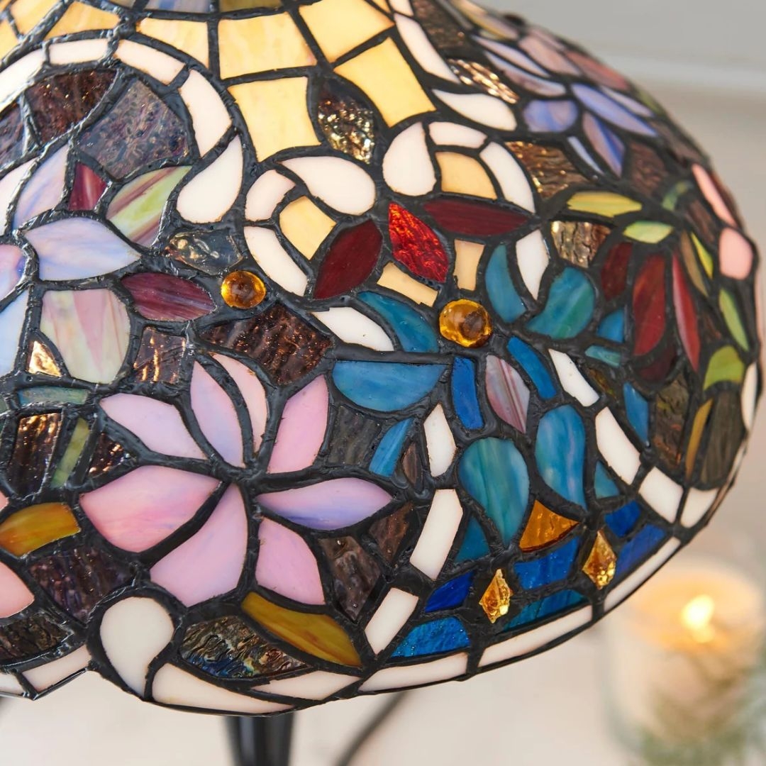 TF Sullivan Tiffany Table Lamp - Floral Stained Glass Design for Bedroom or Living Room T913