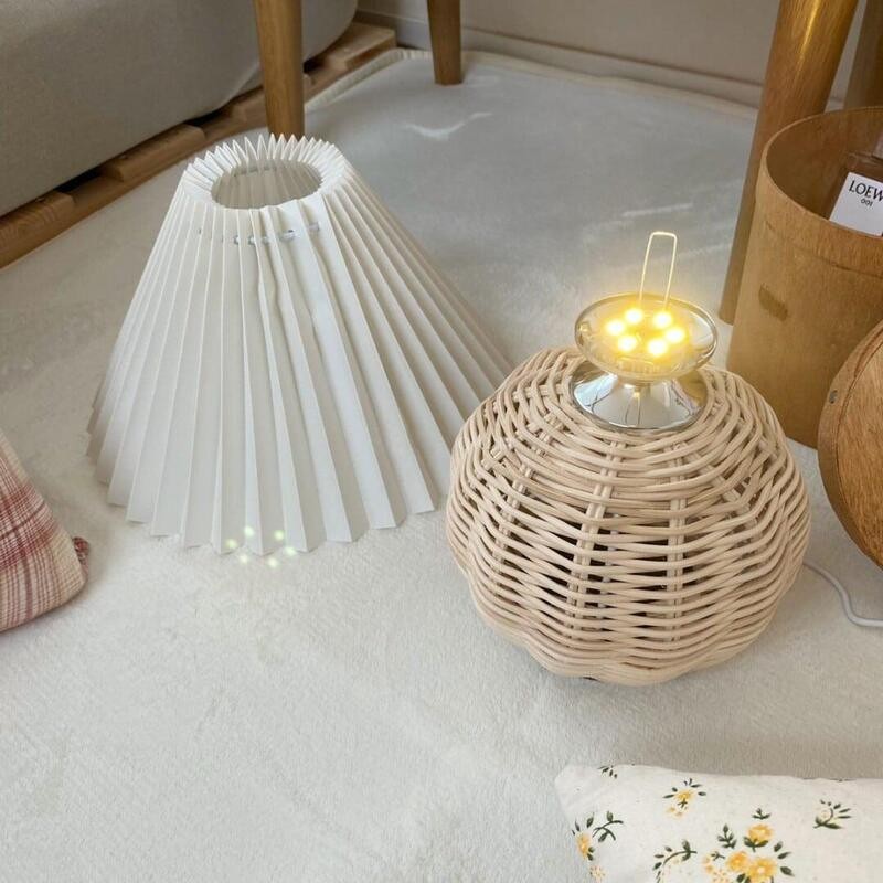 Rattan Pleated Table Lamp Cordless Bedside Lamp