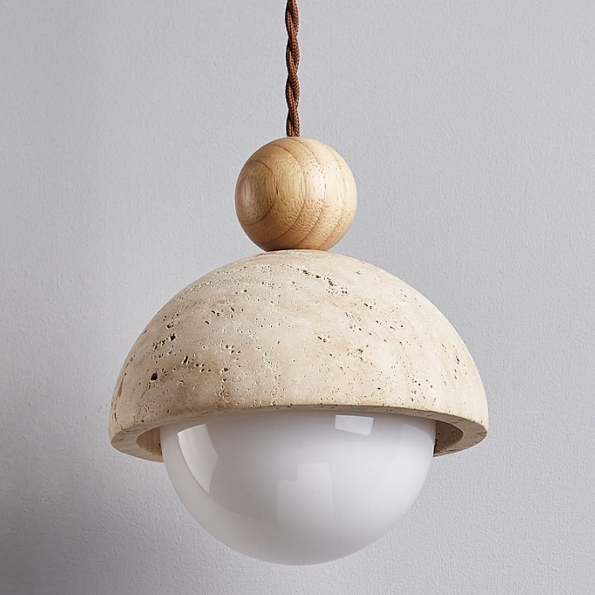 Beige Stone Umbrella Pendant Lamp With Wooden Sphere Accent S270