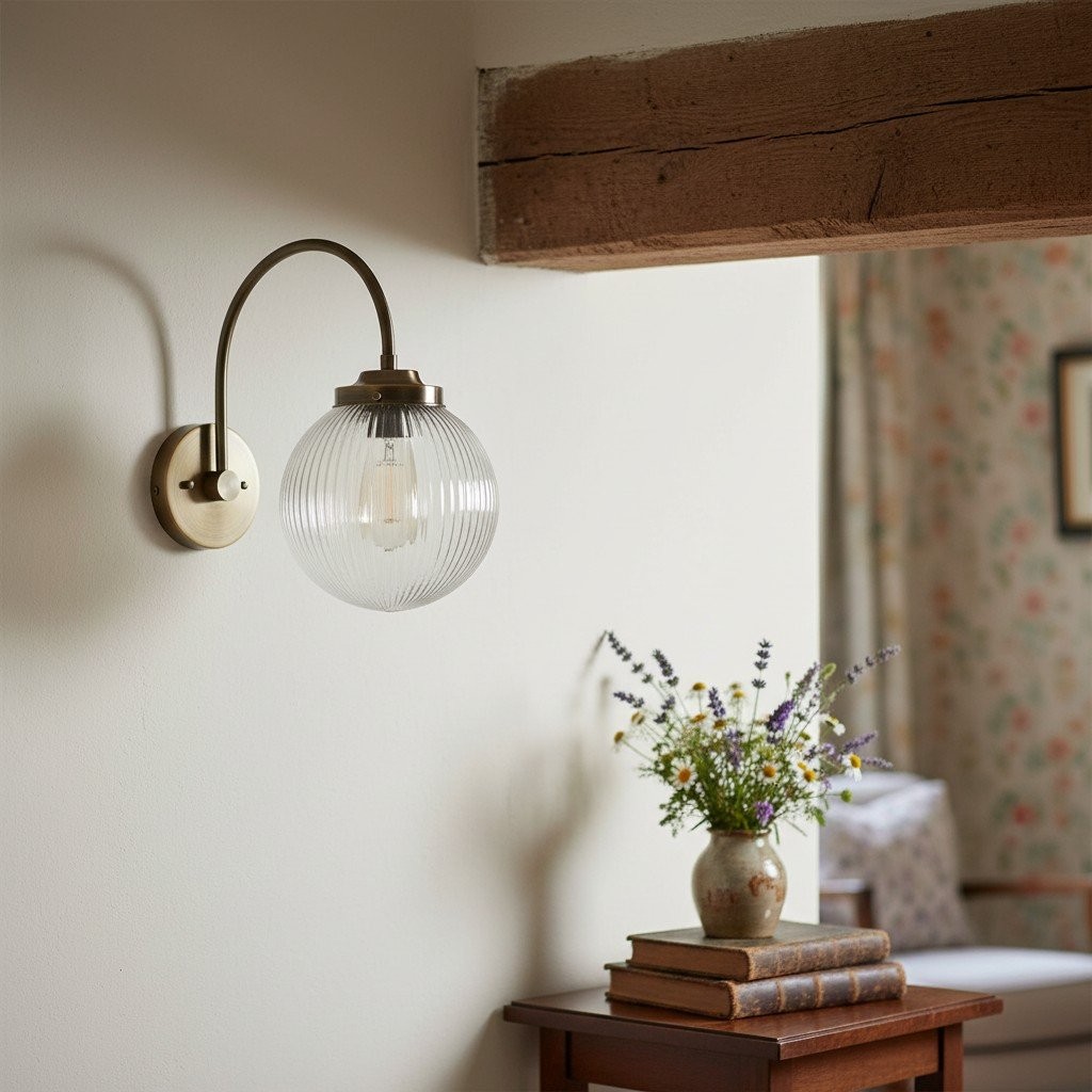 Glorica Glass Aged Brass Wall Sconce - Ribbed Glass Shade Industrial Style Lighting T410