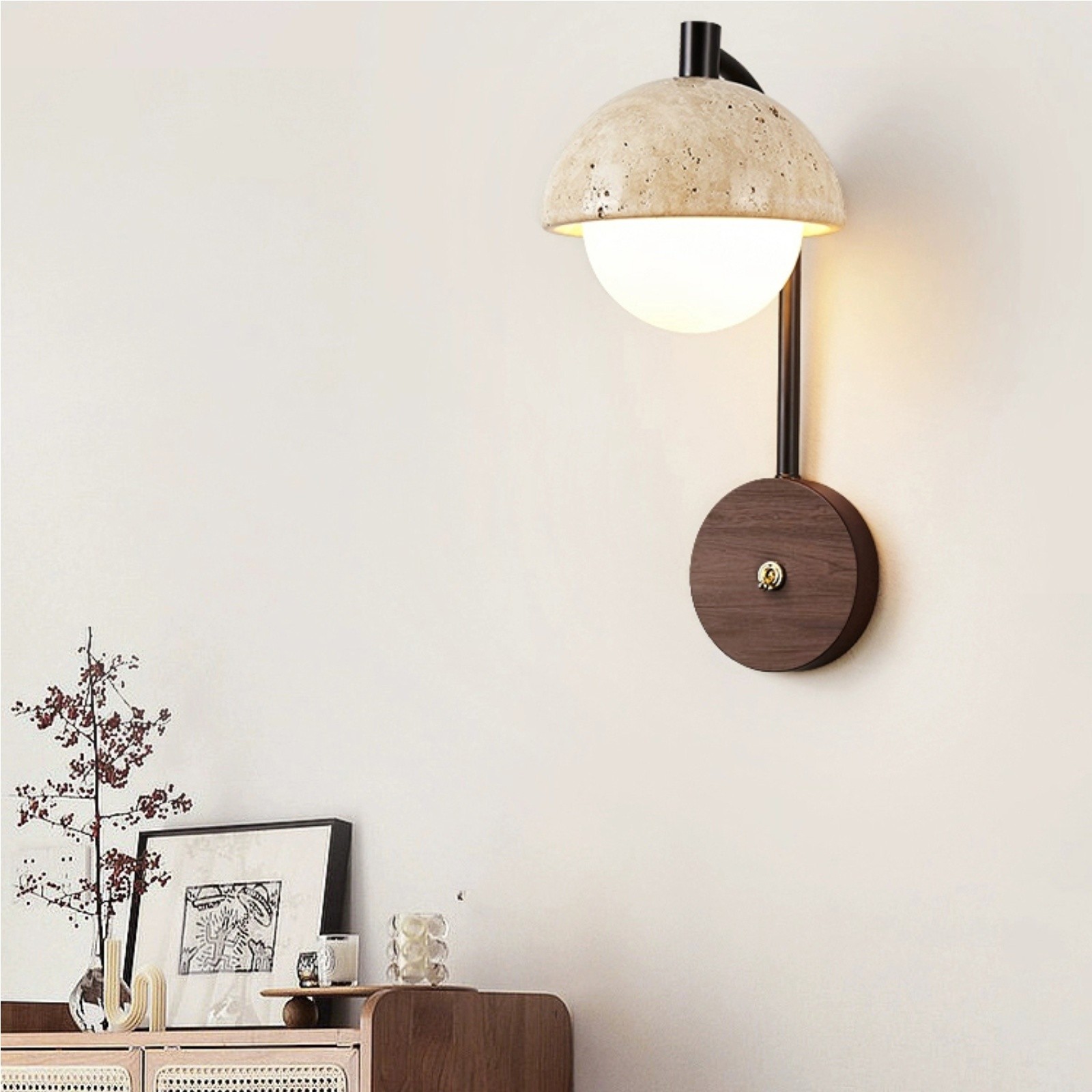 Rustic Travertine Wall Lamp With Curved Metal Arm And Wood Mount S313
