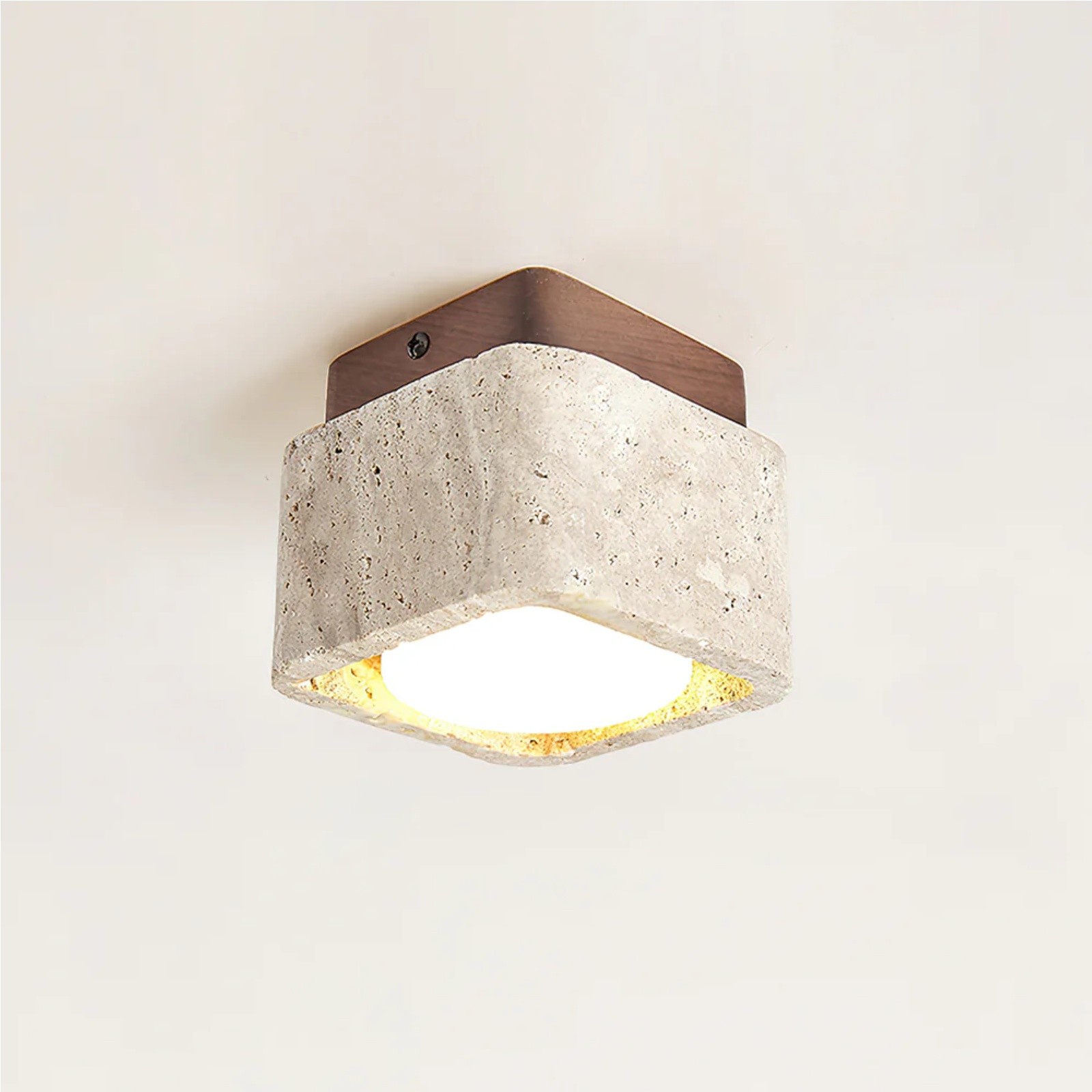 Natural Cube Design Travertine Ceiling Light With Wood Base S297
