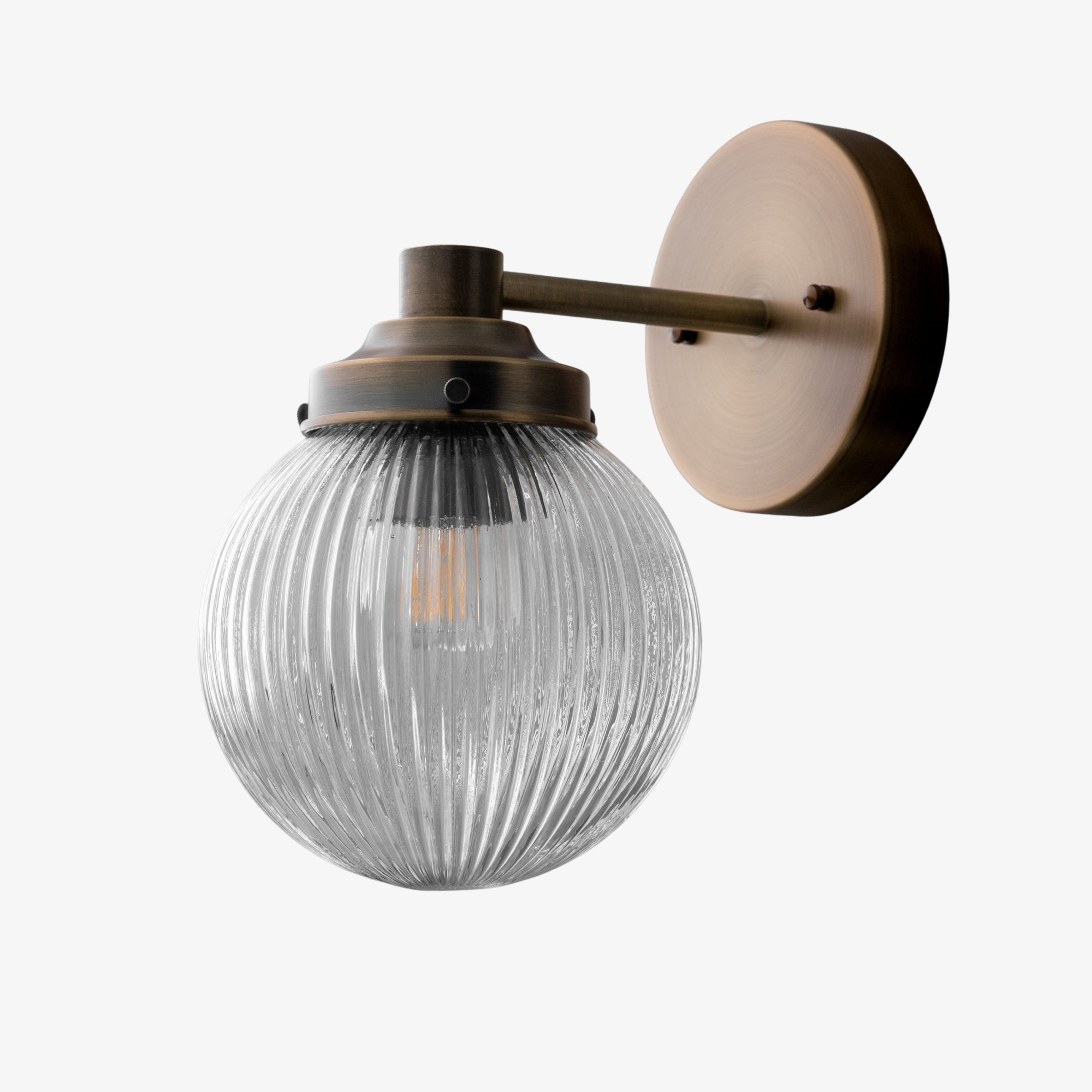 Glorica Glass Aged Brass Wall Sconce - Ribbed Glass Shade Industrial Style Lighting T410