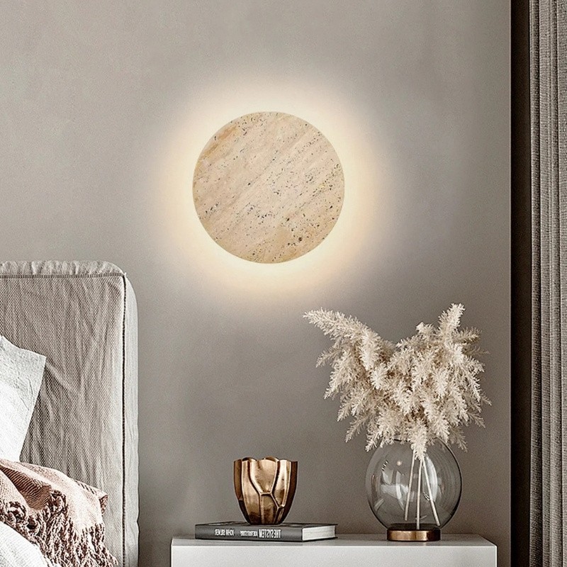 Wabi Sabi Travertine Round Wall Light - Minimalist Stone Disc Sconce S310