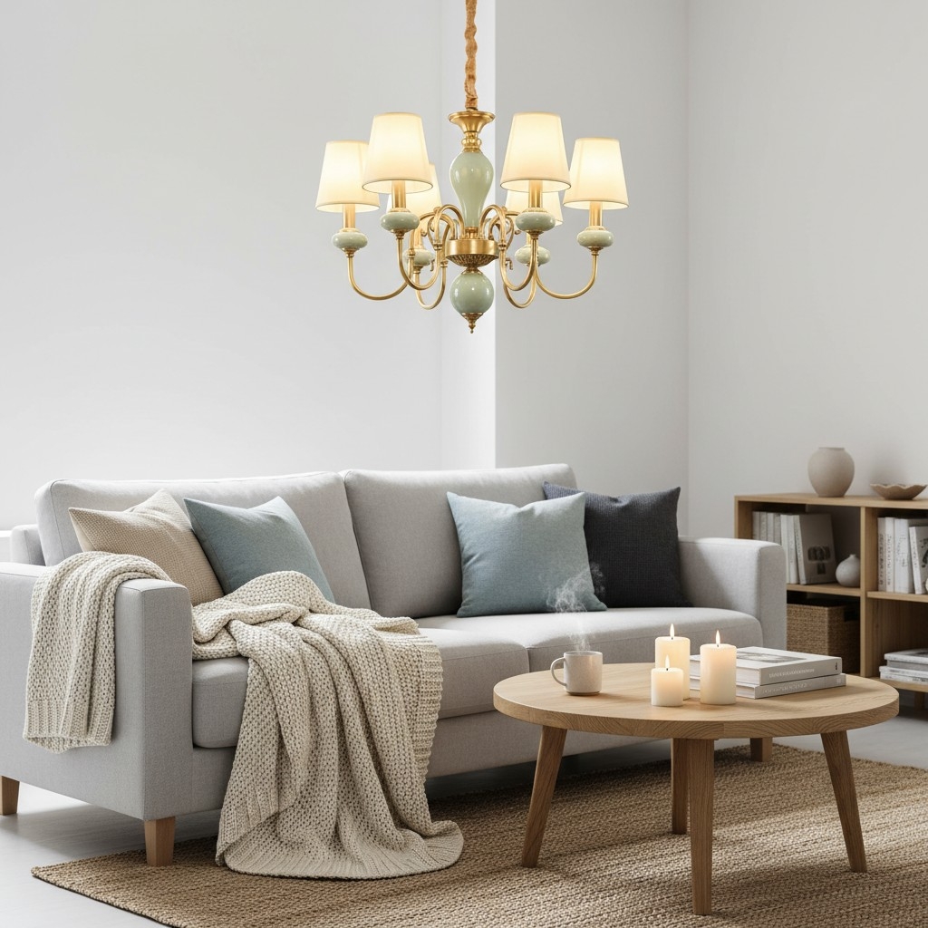Altoris Series Branch Chandelier with Fabric Shades - Brass Ceramic Chandelier for Living Room T1141
