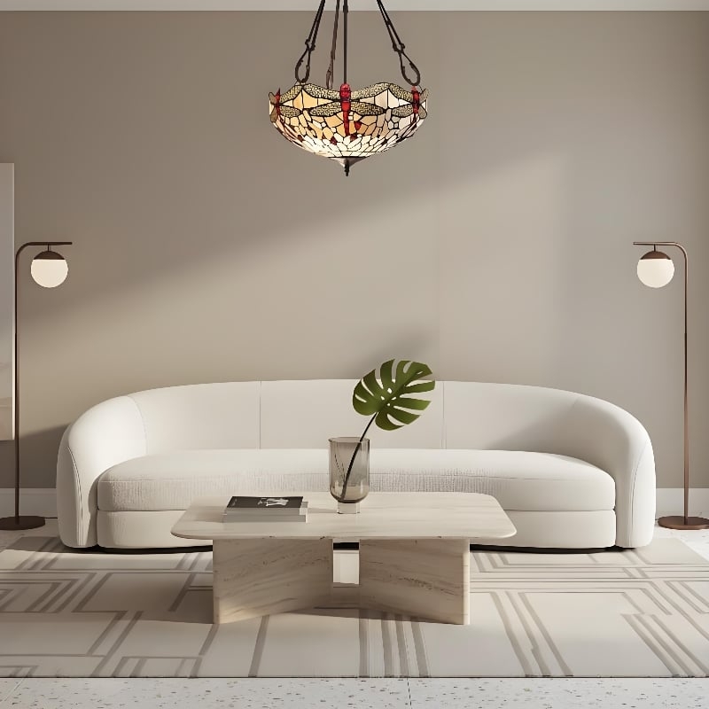 TF Dragonfly Beige Tiffany Pendant Lamp - Elegant Stained Glass Fixture for Dining Room and Bedroom T874