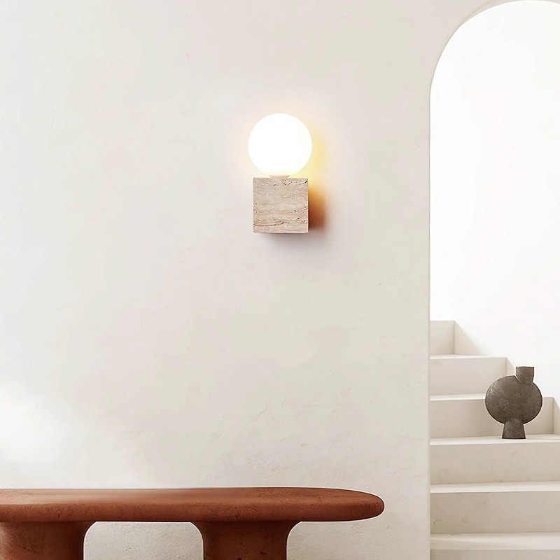Natural Cube Travertine Wall Lamp - Warm Light for Modern Interiors S323